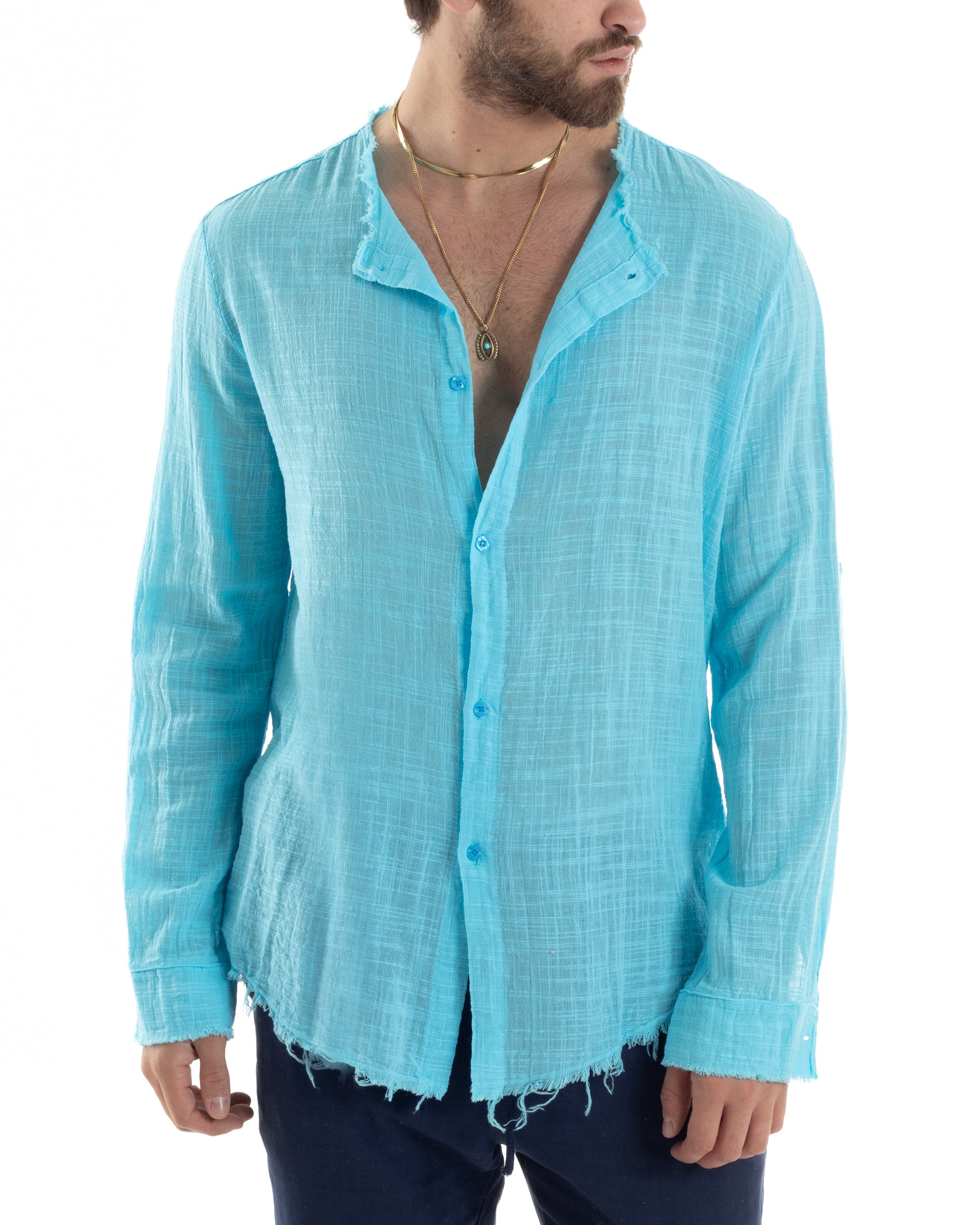 Camicia Uomo Sfrangiata Cotone Lino Morbida Leggera Slavata Tinta Unita Turchese GIOSAL-C2839A