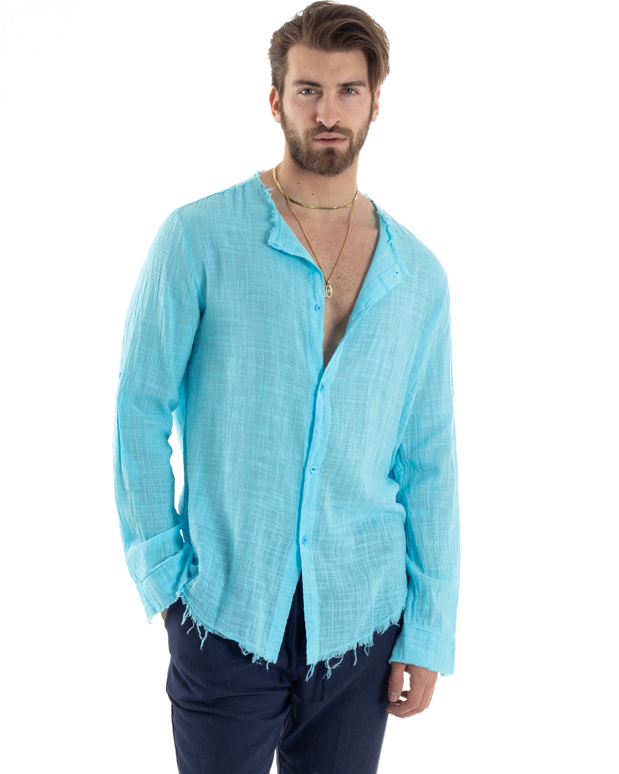 Camicia Uomo Sfrangiata Cotone Lino Morbida Leggera Slavata Tinta Unita Turchese GIOSAL-C2839A