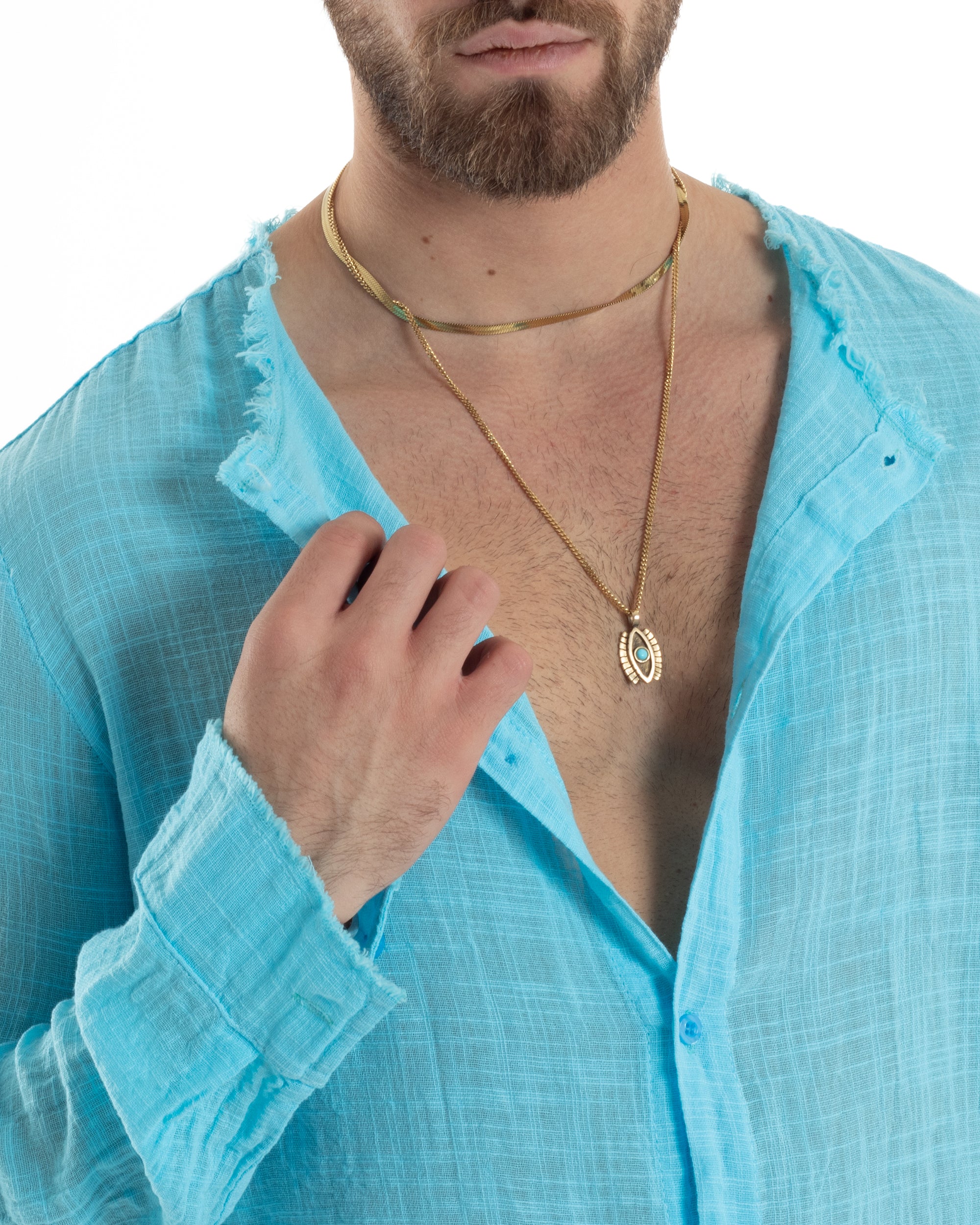 Camicia Uomo Sfrangiata Cotone Lino Morbida Leggera Slavata Tinta Unita Turchese GIOSAL-C2839A