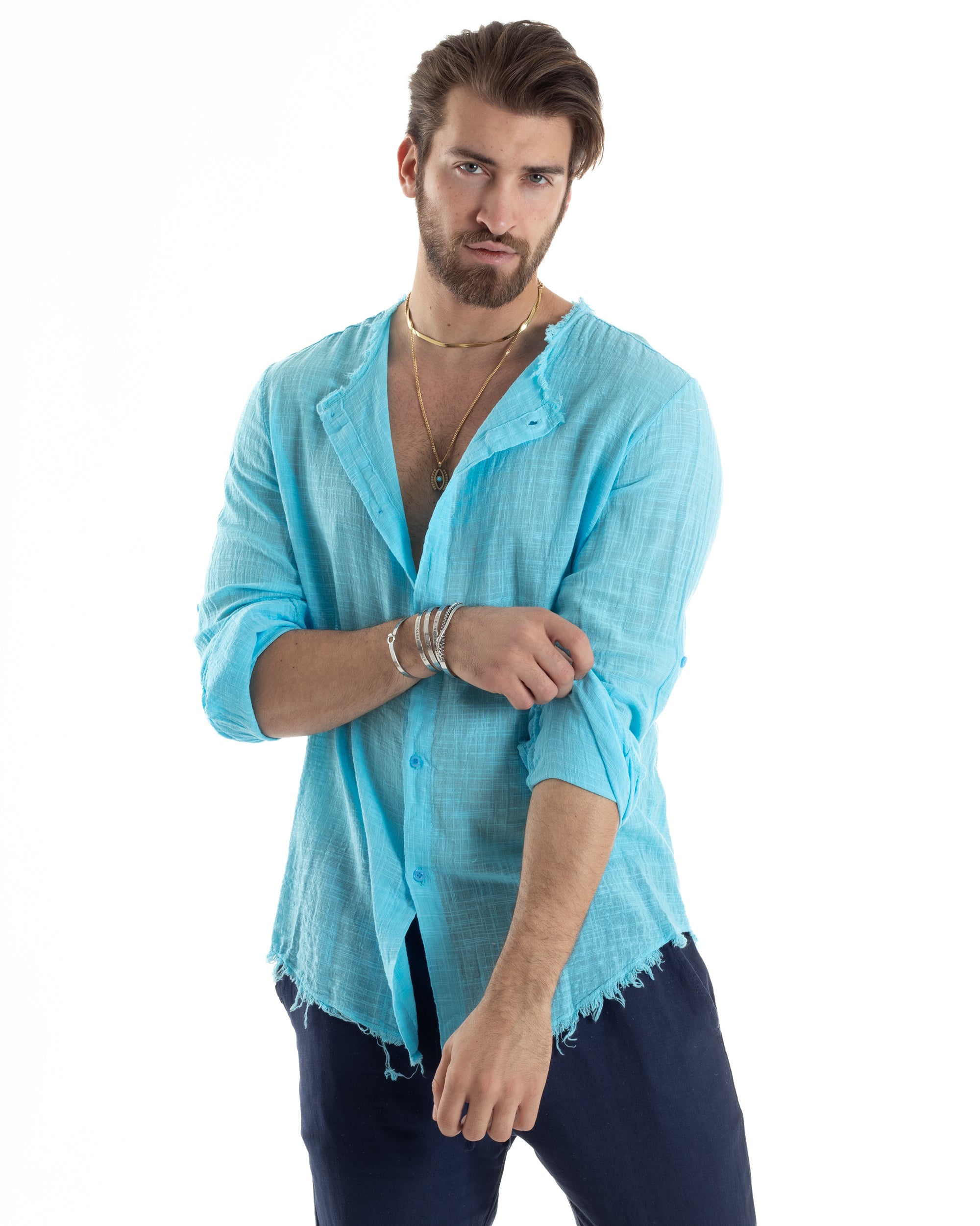 Camicia Uomo Sfrangiata Cotone Lino Morbida Leggera Slavata Tinta Unita Turchese GIOSAL-C2839A