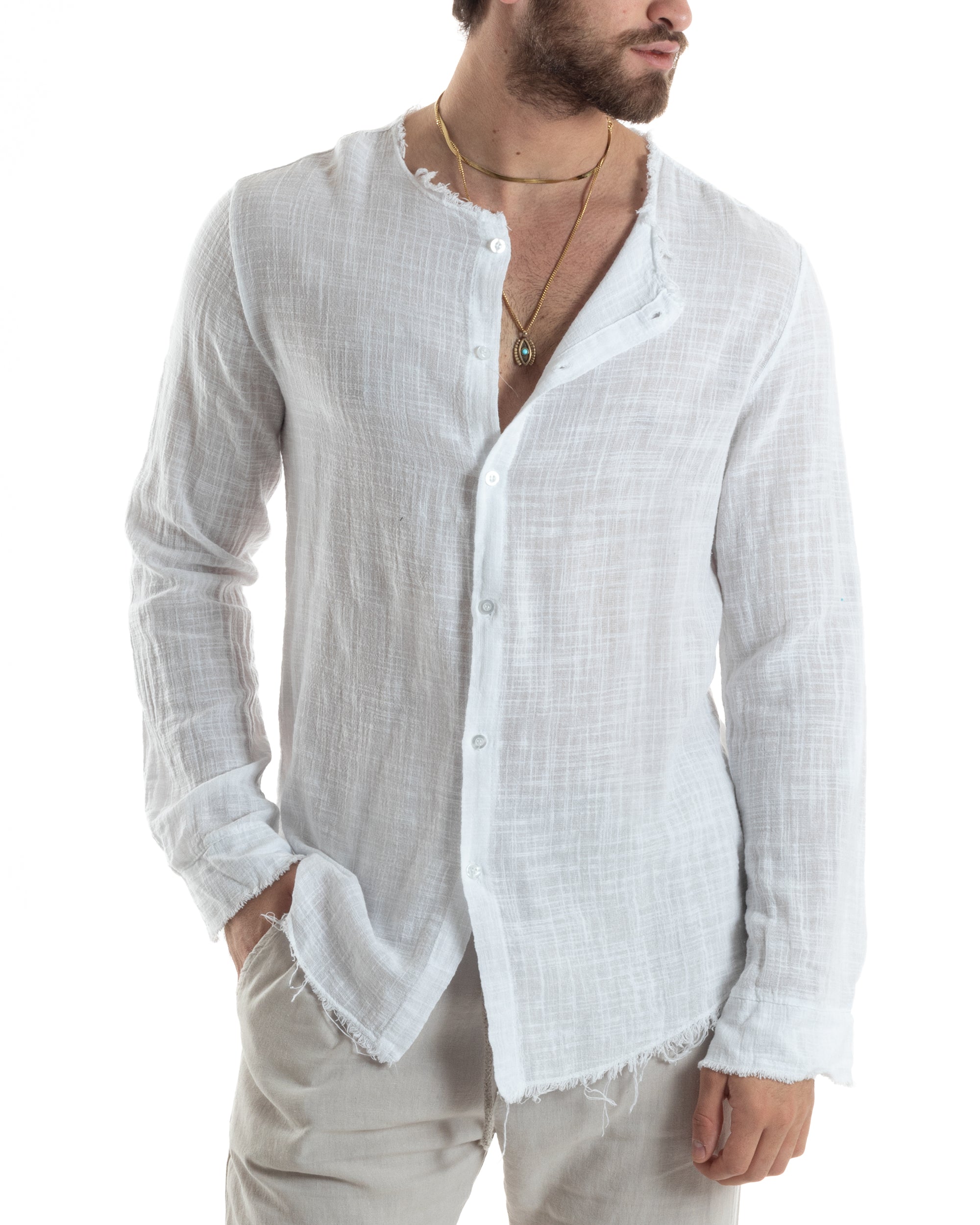 Camicia Uomo Sfrangiata Cotone Lino Morbida Leggera Slavata Tinta Unita Bianco GIOSAL-C2840A