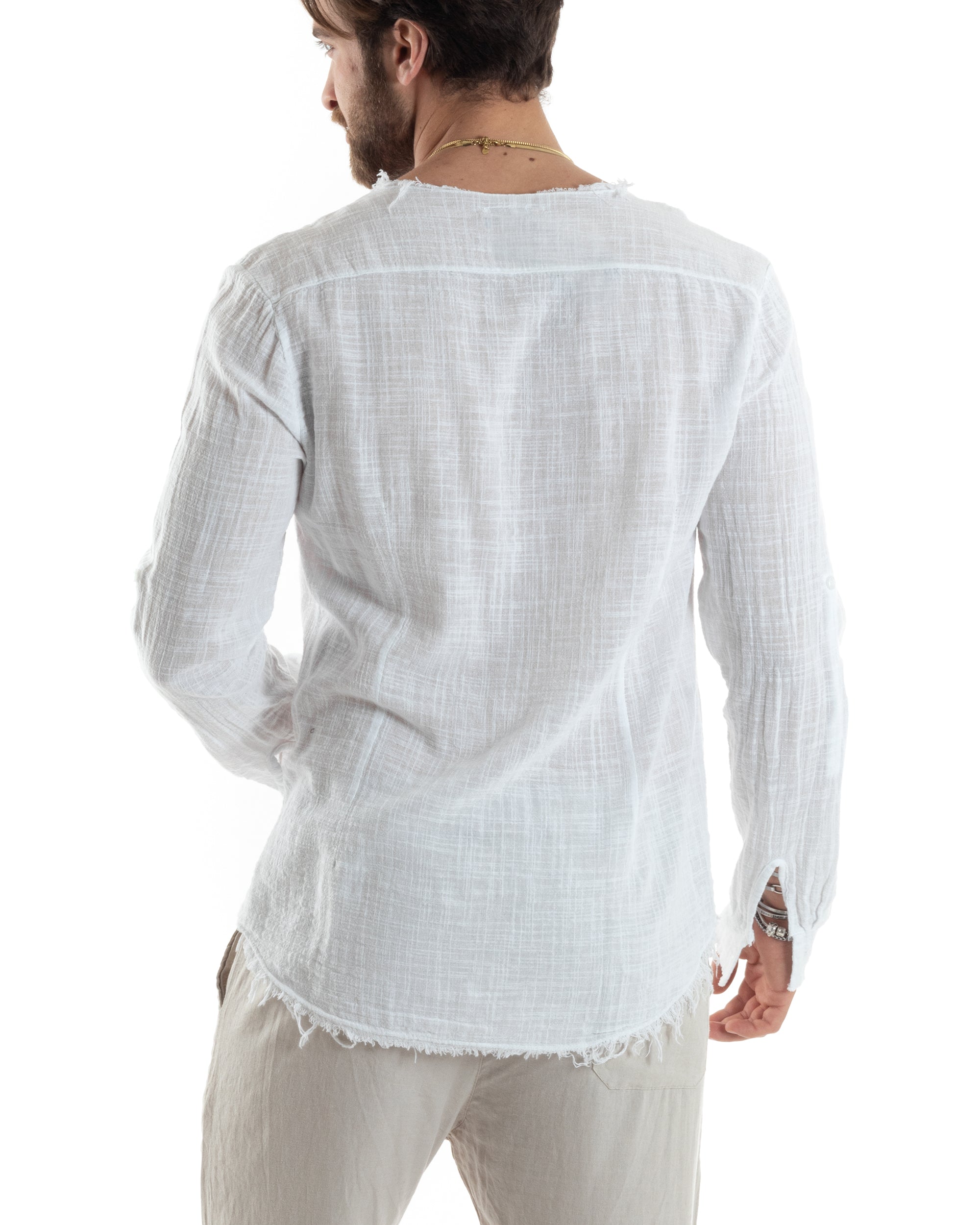 Camicia Uomo Sfrangiata Cotone Lino Morbida Leggera Slavata Tinta Unita Bianco GIOSAL-C2840A