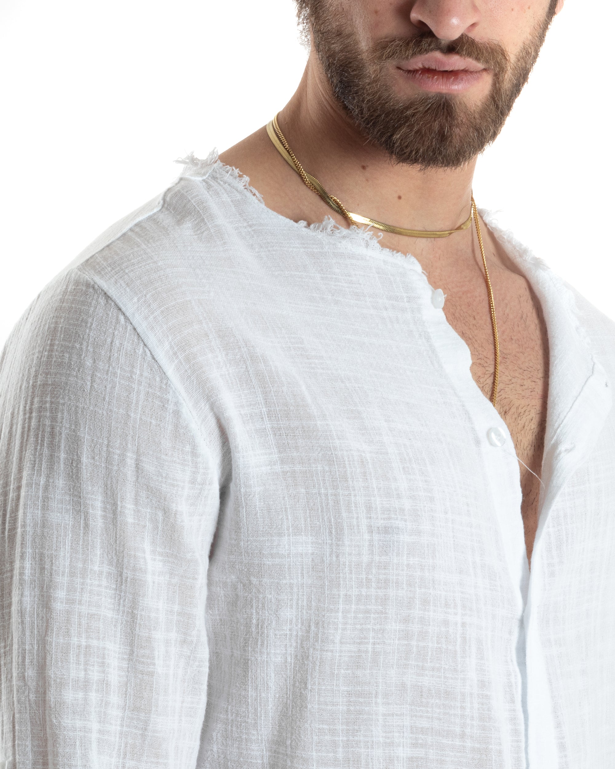 Camicia Uomo Sfrangiata Cotone Lino Morbida Leggera Slavata Tinta Unita Bianco GIOSAL-C2840A