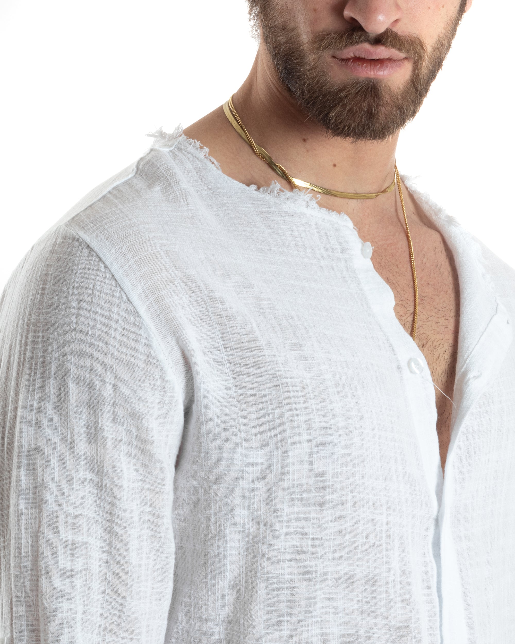 Camicia Uomo Sfrangiata Cotone Lino Manica Lunga Tinta Unita Bianco GIOSAL-C2840A