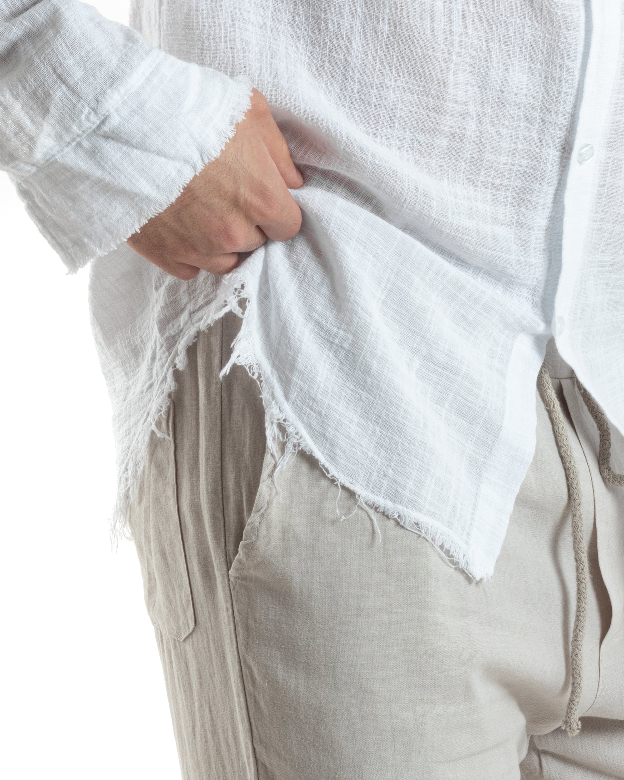 Camicia Uomo Sfrangiata Cotone Lino Morbida Leggera Slavata Tinta Unita Bianco GIOSAL-C2840A