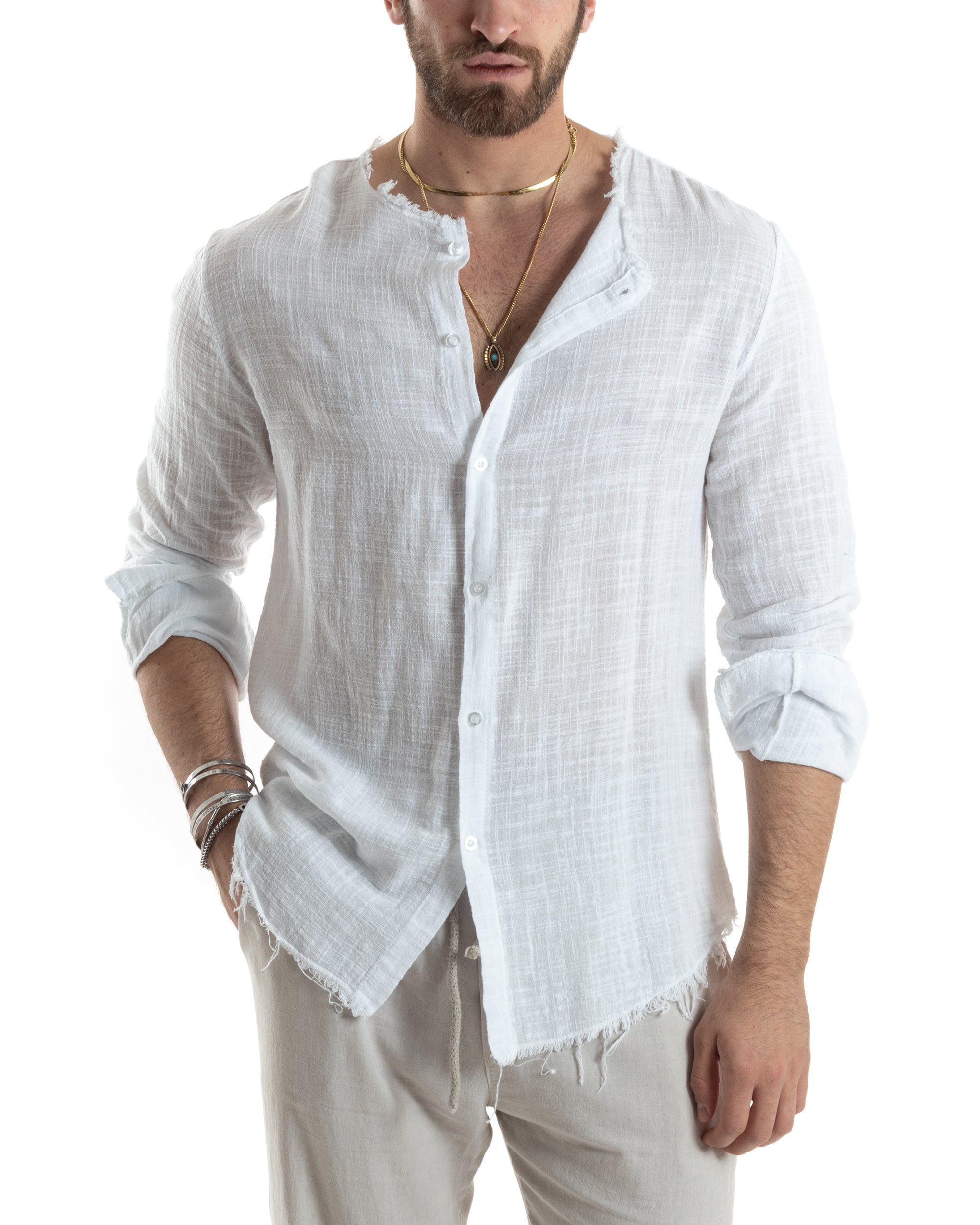 Camicia Uomo Sfrangiata Cotone Lino Manica Lunga Tinta Unita Bianco GIOSAL-C2840A