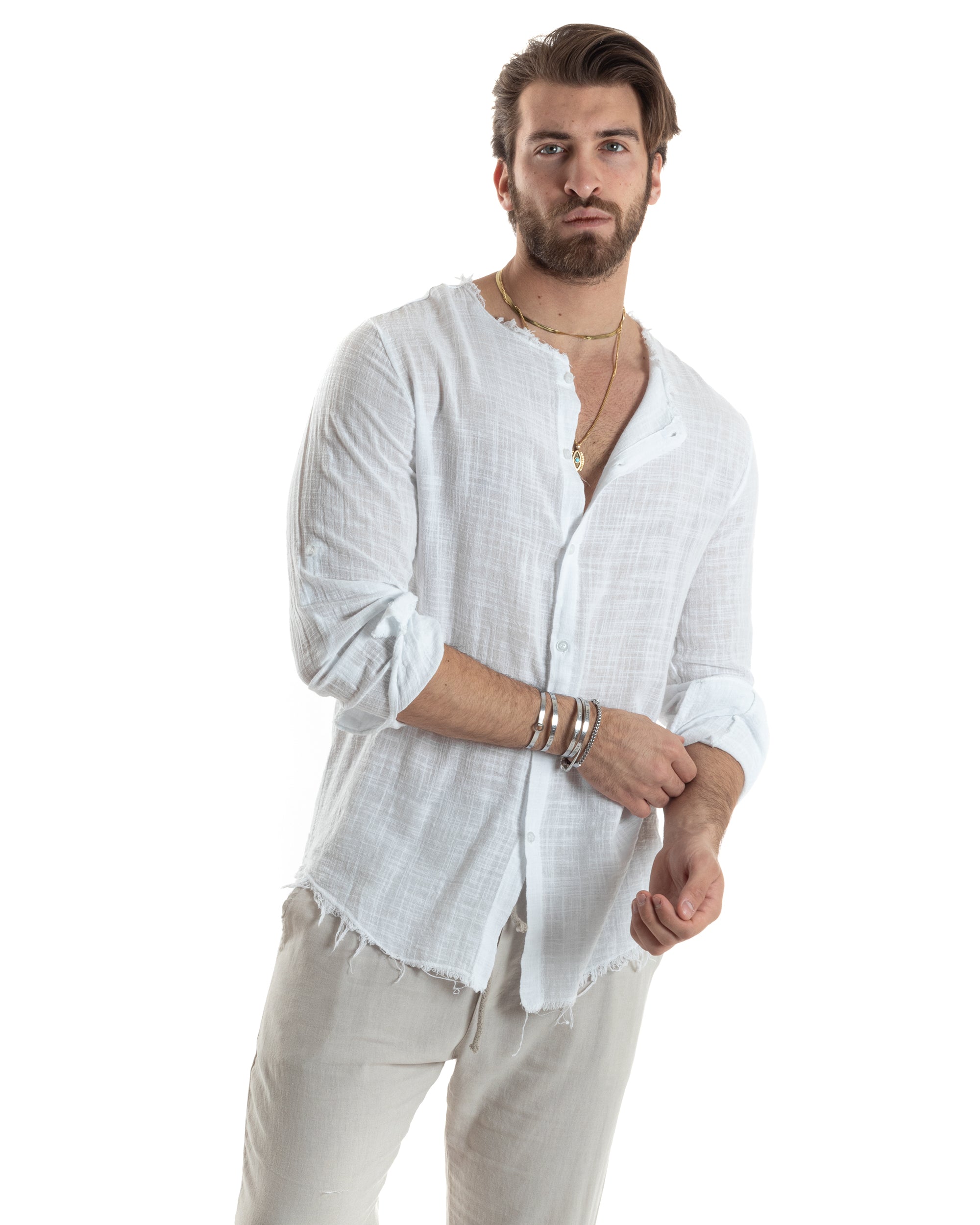 Camicia Uomo Sfrangiata Cotone Lino Morbida Leggera Slavata Tinta Unita Bianco GIOSAL-C2840A