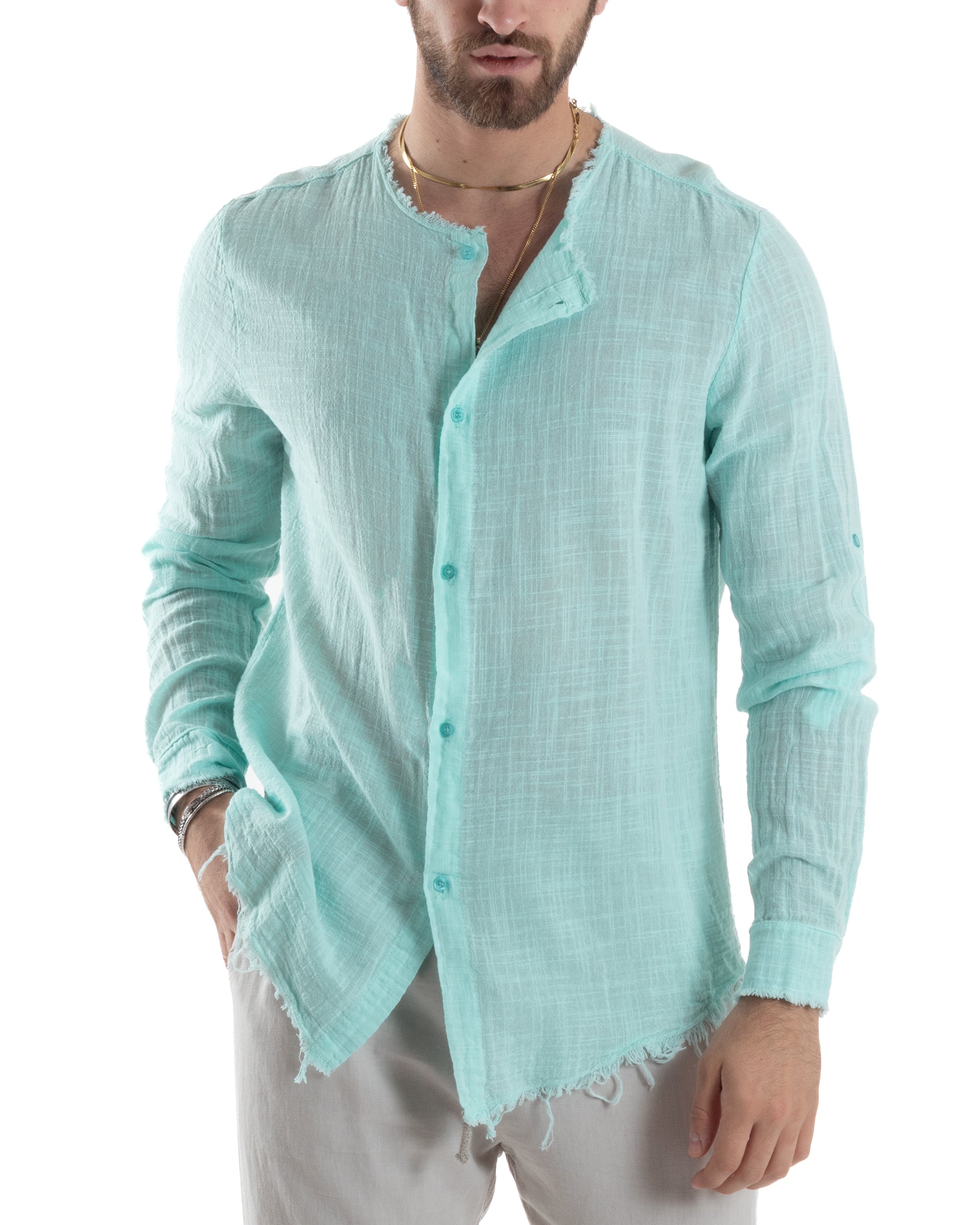Camicia Uomo Sfrangiata Cotone Lino Morbida Leggera Slavata Tinta Unita Verde Acqua GIOSAL-C2841A