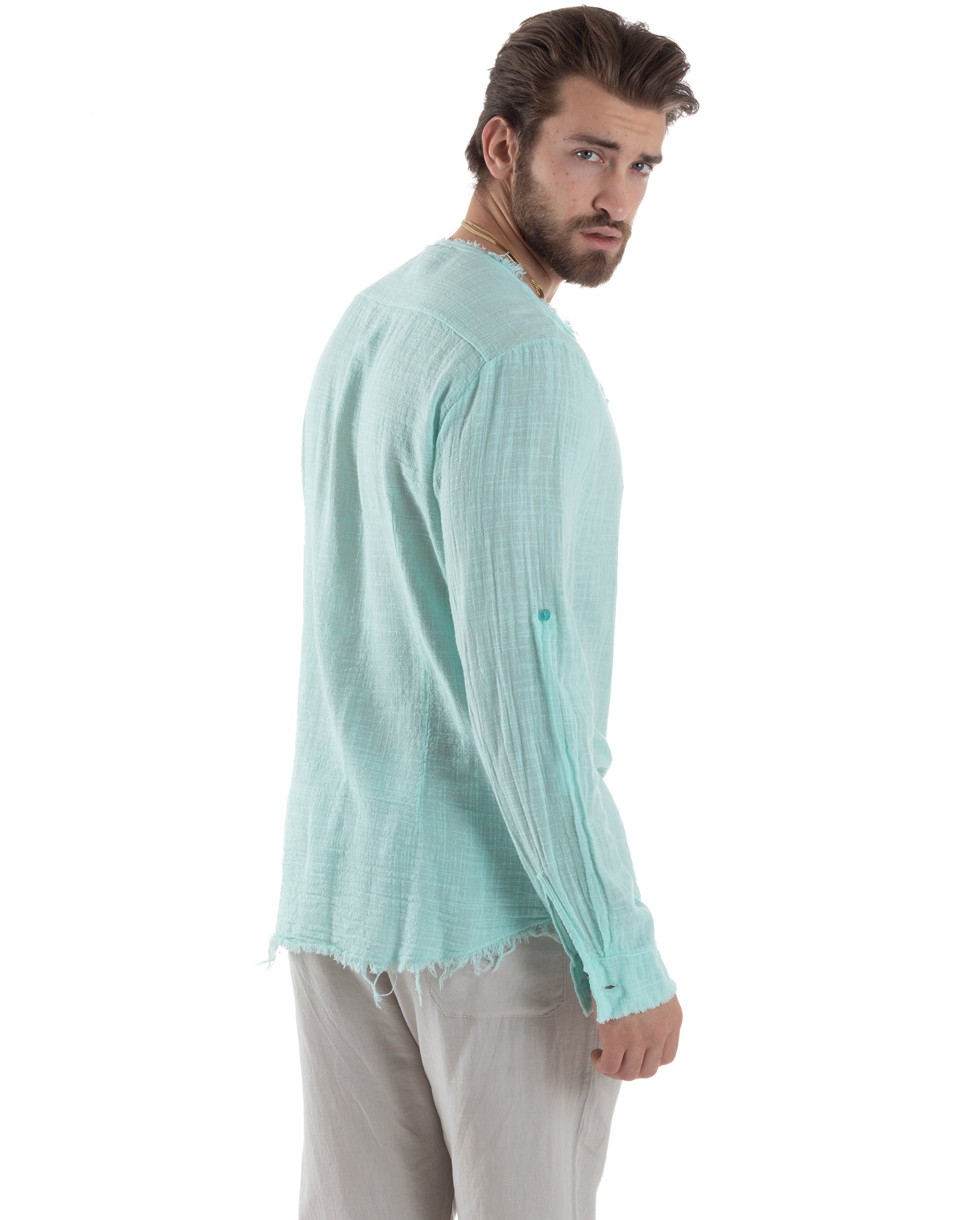 Camicia Uomo Sfrangiata Cotone Lino Morbida Leggera Slavata Tinta Unita Verde Acqua GIOSAL-C2841A