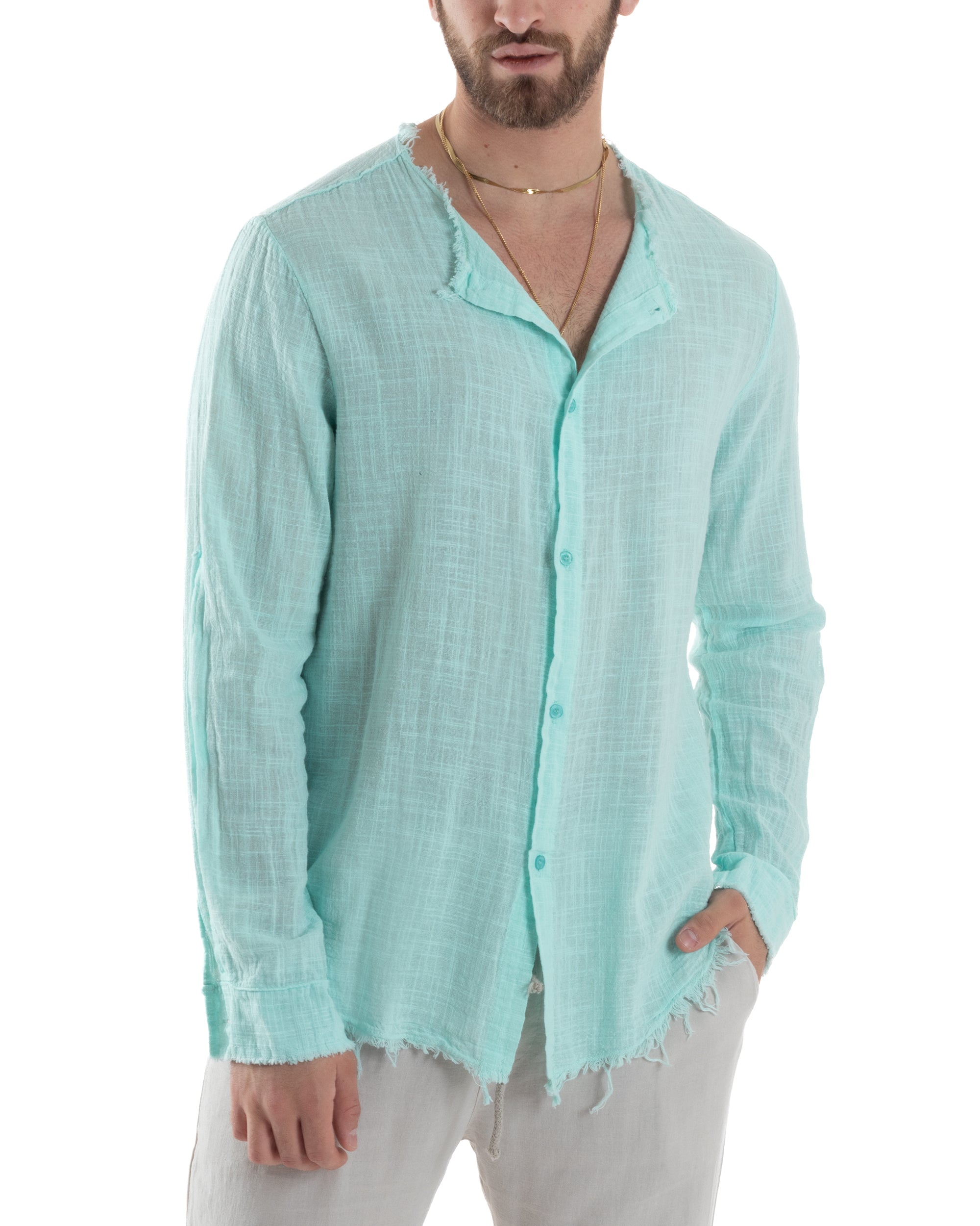 Camicia Uomo Sfrangiata Cotone Lino Morbida Leggera Slavata Tinta Unita Verde Acqua GIOSAL-C2841A