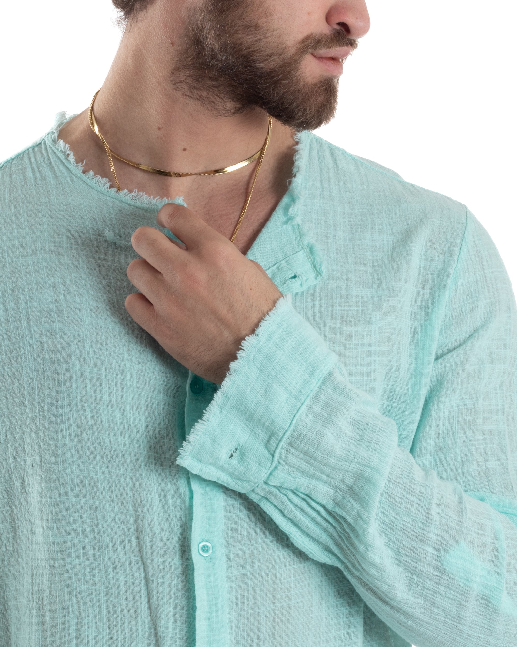 Camicia Uomo Sfrangiata Cotone Lino Morbida Leggera Slavata Tinta Unita Verde Acqua GIOSAL-C2841A