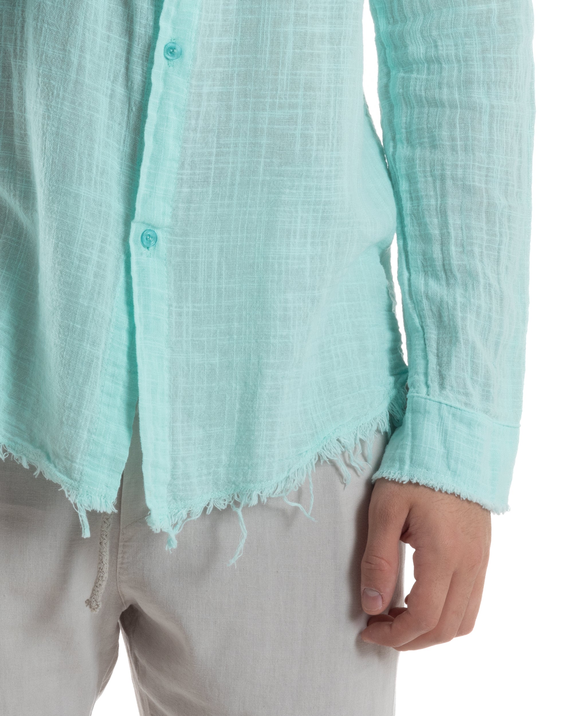 Camicia Uomo Sfrangiata Cotone Lino Morbida Leggera Slavata Tinta Unita Verde Acqua GIOSAL-C2841A