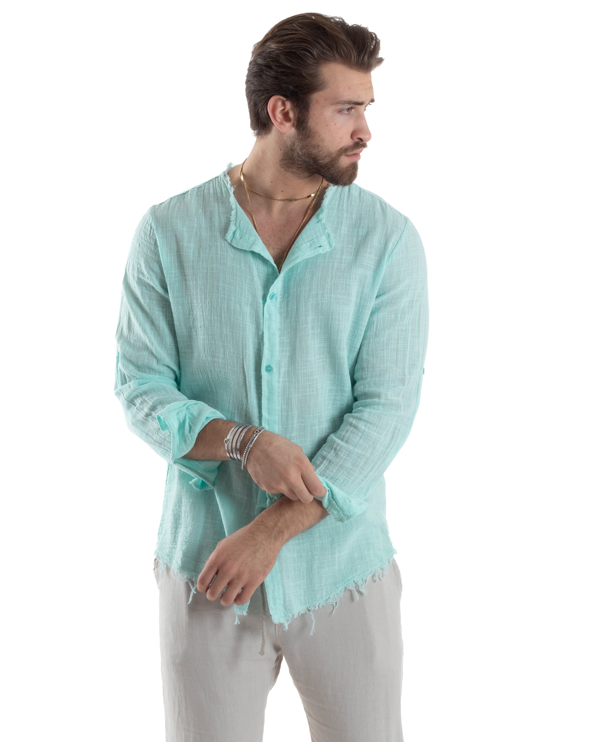 Camicia Uomo Sfrangiata Cotone Lino Morbida Leggera Slavata Tinta Unita Verde Acqua GIOSAL-C2841A