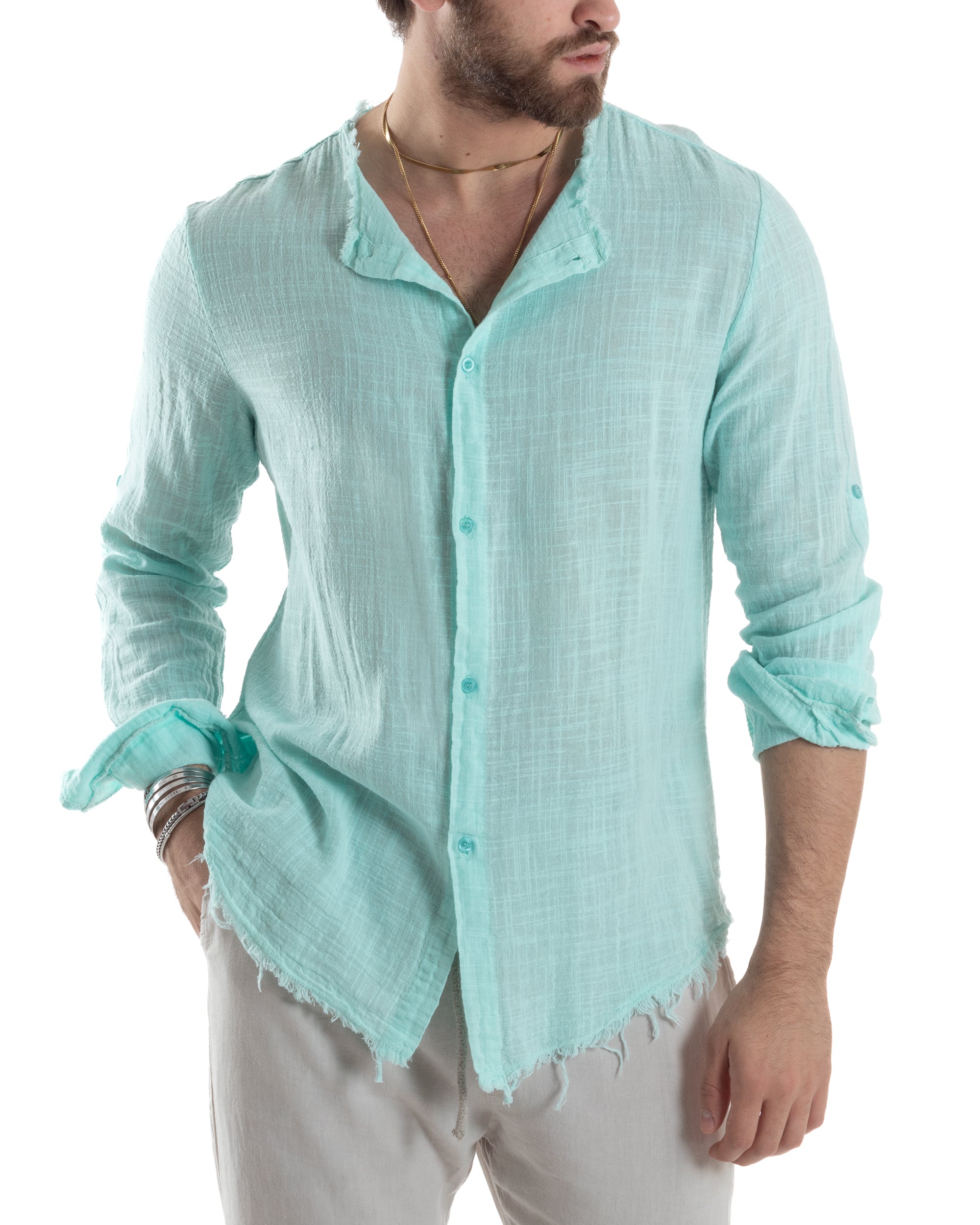 Camicia Uomo Sfrangiata Cotone Lino Morbida Leggera Slavata Tinta Unita Verde Acqua GIOSAL-C2841A