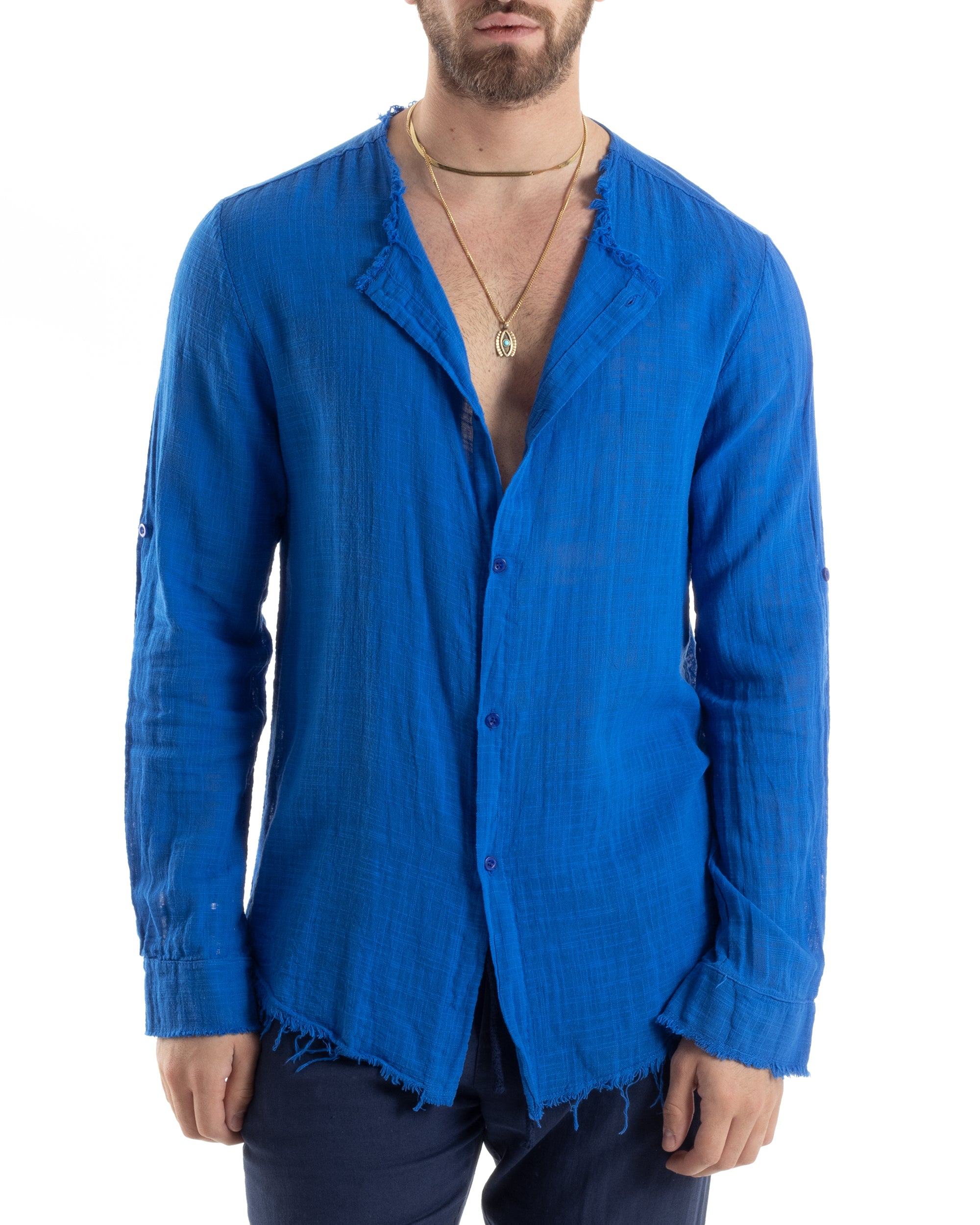 Camicia Uomo Sfrangiata Cotone Lino Manica Lunga Tinta Unita Blu Royal GIOSAL-C2842A