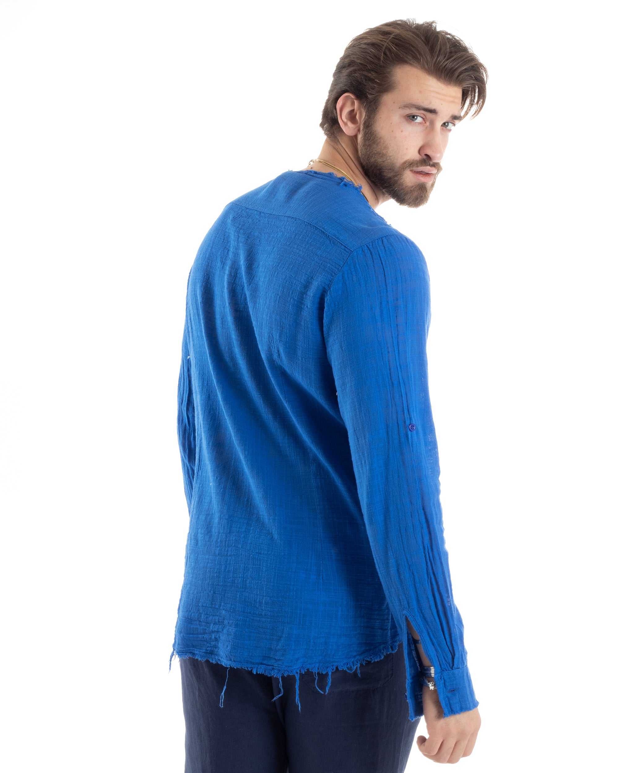 Camicia Uomo Sfrangiata Cotone Lino Manica Lunga Tinta Unita Blu Royal GIOSAL-C2842A