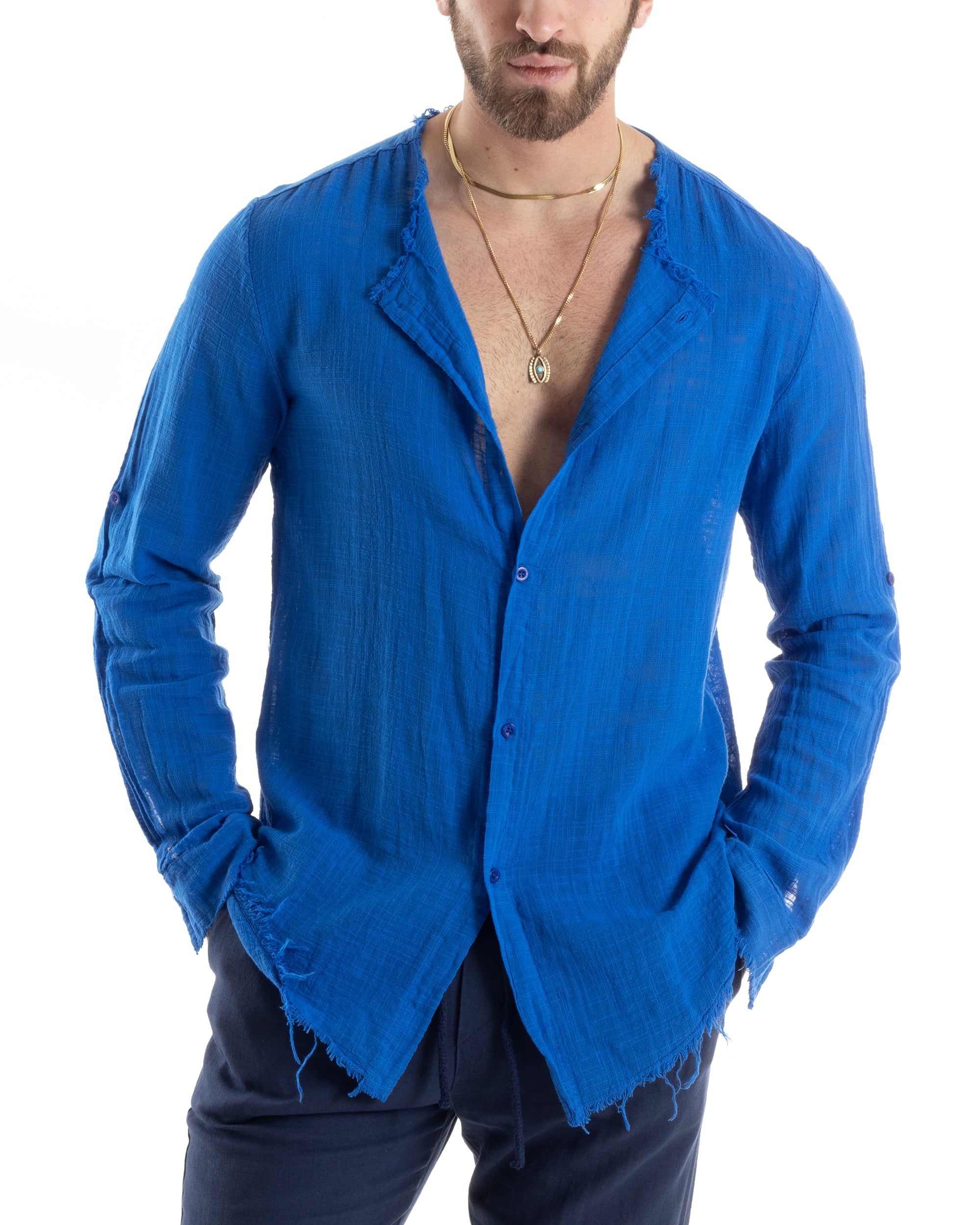 Camicia Uomo Sfrangiata Cotone Lino Morbida Leggera Slavata Tinta Unita Blu Royal GIOSAL-C2842A