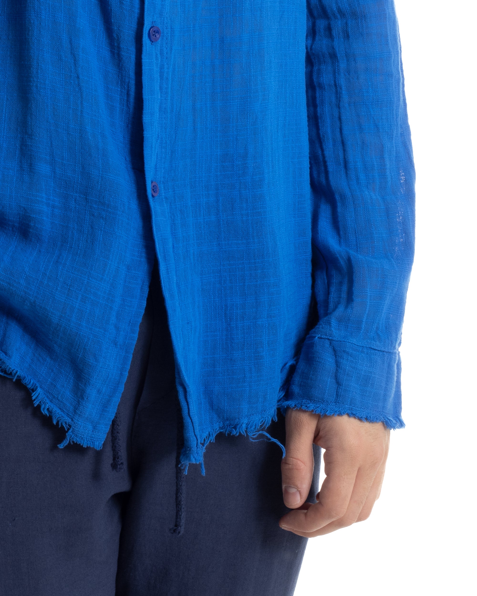 Camicia Uomo Sfrangiata Cotone Lino Morbida Leggera Slavata Tinta Unita Blu Royal GIOSAL-C2842A
