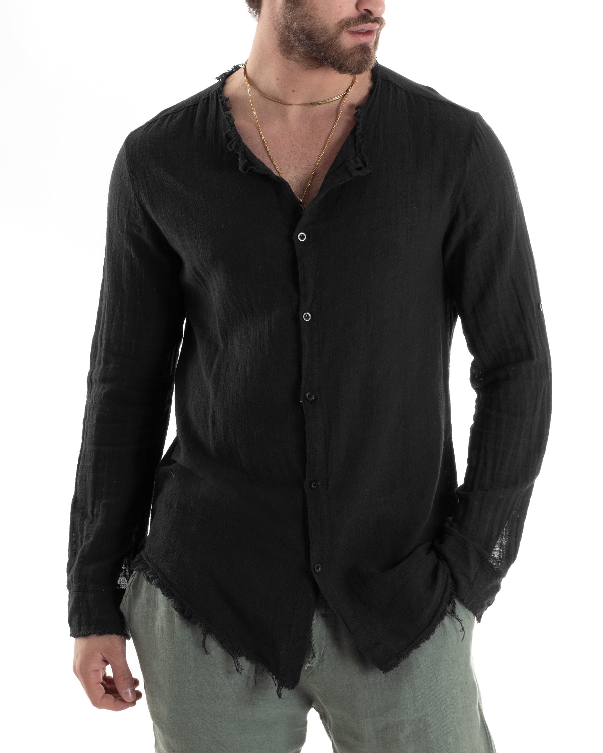 Camicia Uomo Sfrangiata Cotone Lino Morbida Leggera Slavata Tinta Unita Nero GIOSAL-C2843A
