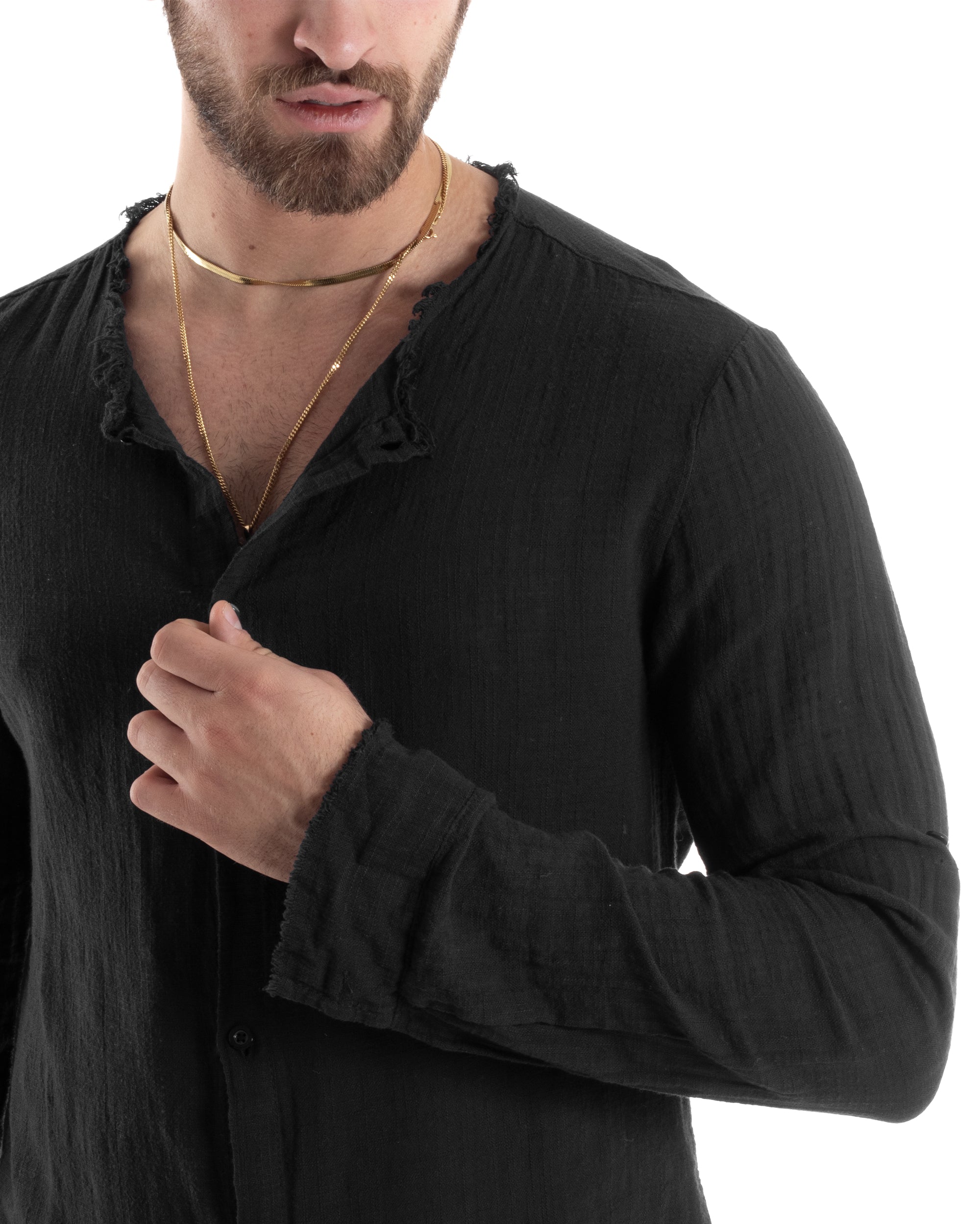 Camicia Uomo Sfrangiata Cotone Lino Morbida Leggera Slavata Tinta Unita Nero GIOSAL-C2843A