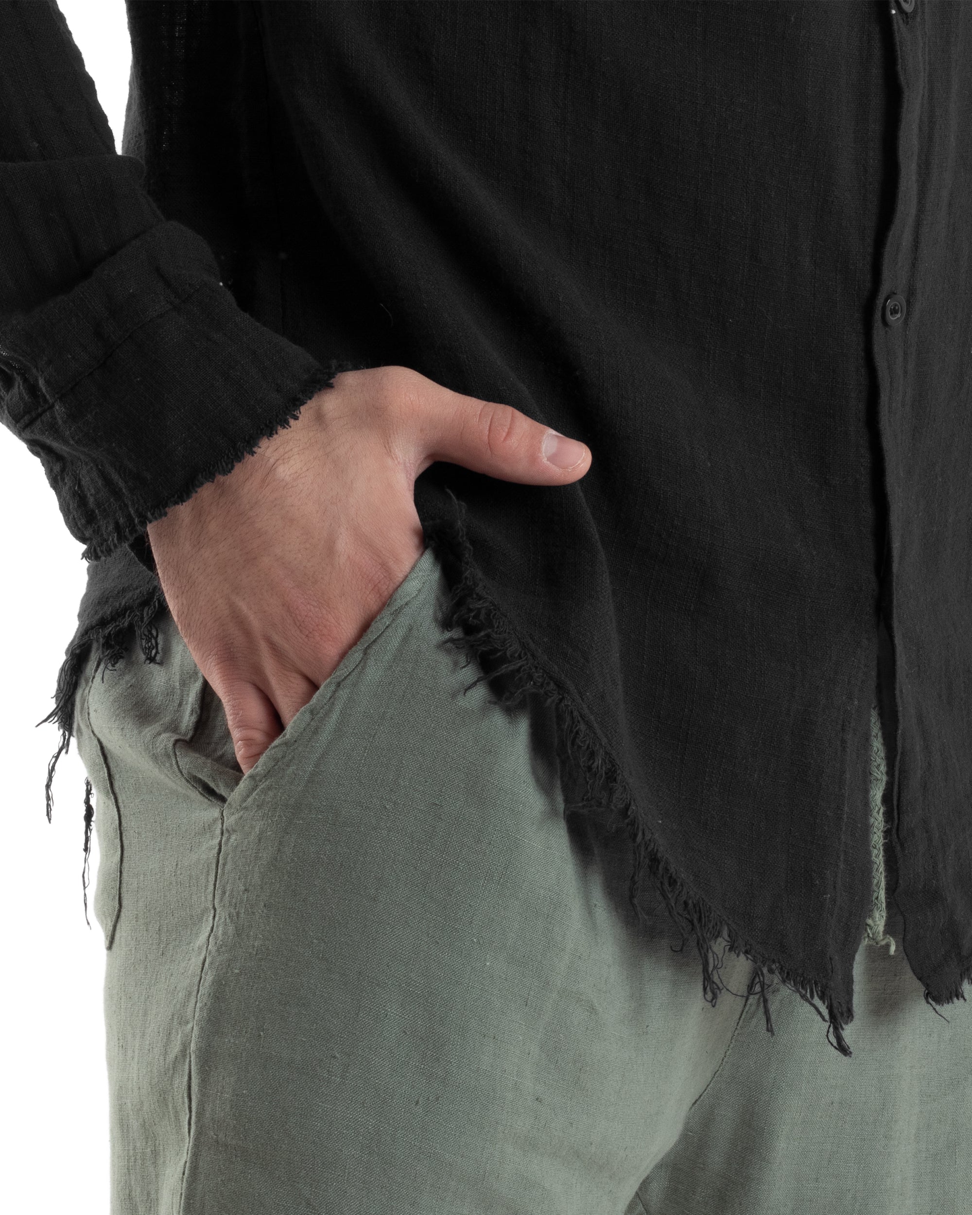 Camicia Uomo Sfrangiata Cotone Lino Morbida Leggera Slavata Tinta Unita Nero GIOSAL-C2843A