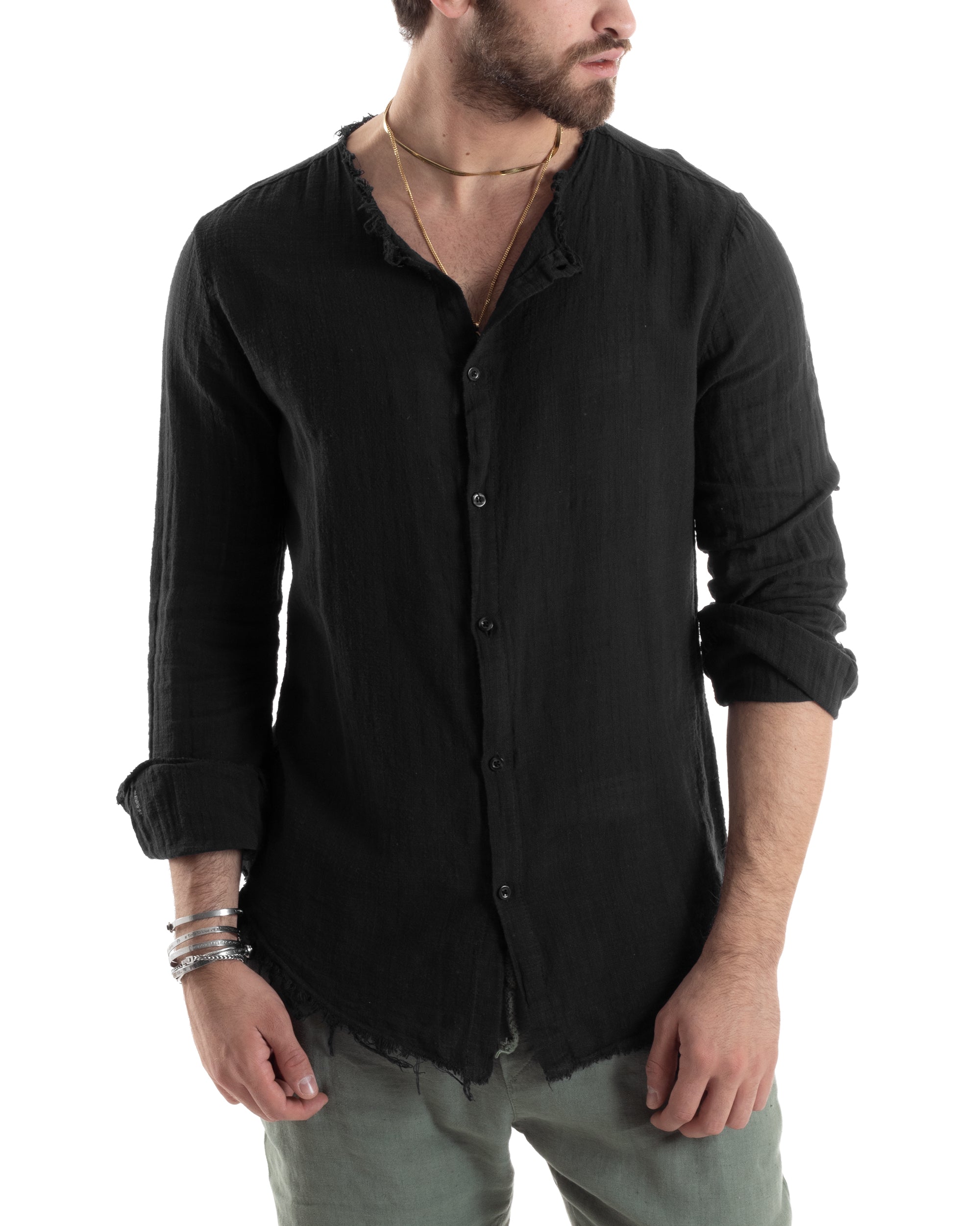 Camicia Uomo Sfrangiata Cotone Lino Morbida Leggera Slavata Tinta Unita Nero GIOSAL-C2843A