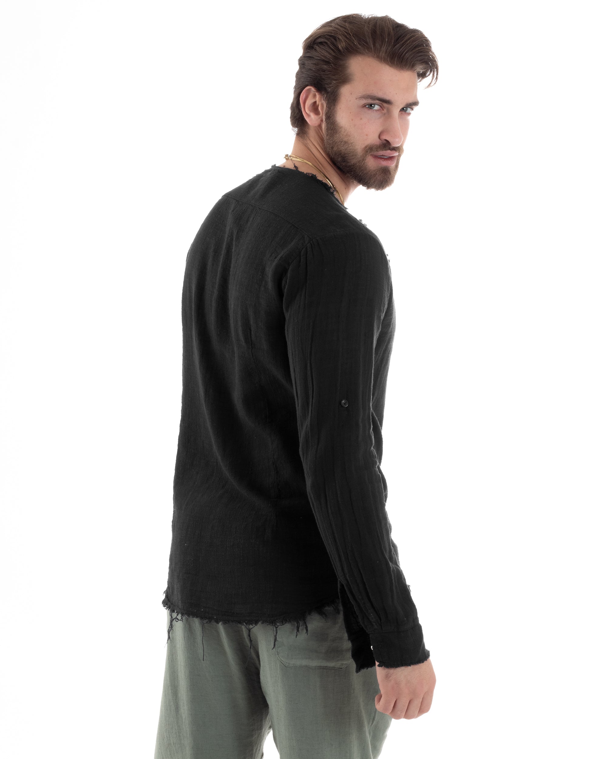 Camicia Uomo Sfrangiata Cotone Lino Morbida Leggera Slavata Tinta Unita Nero GIOSAL-C2843A