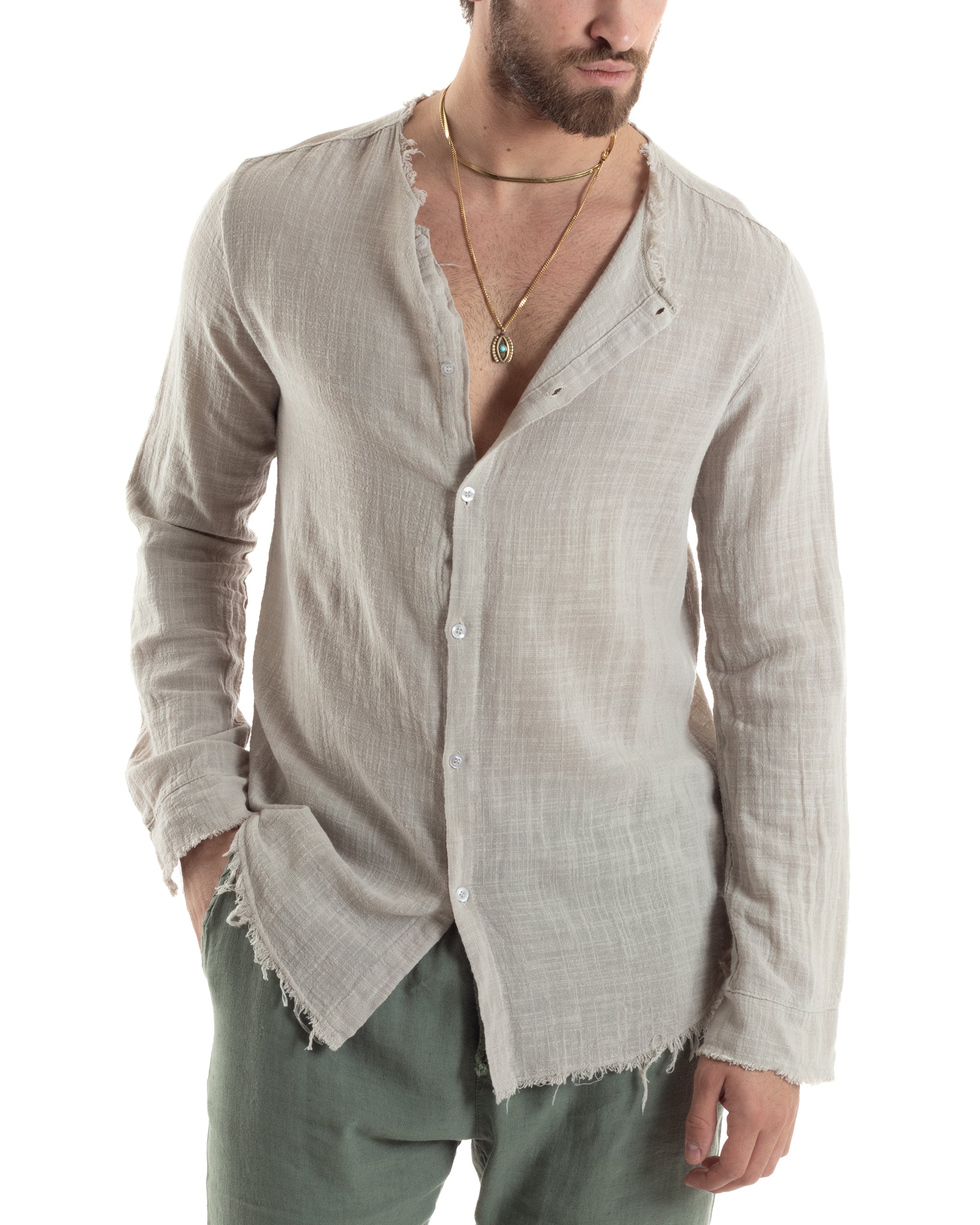 Camicia Uomo Sfrangiata Cotone Lino Morbida Leggera Slavata Tinta Unita Beige GIOSAL-C2844A