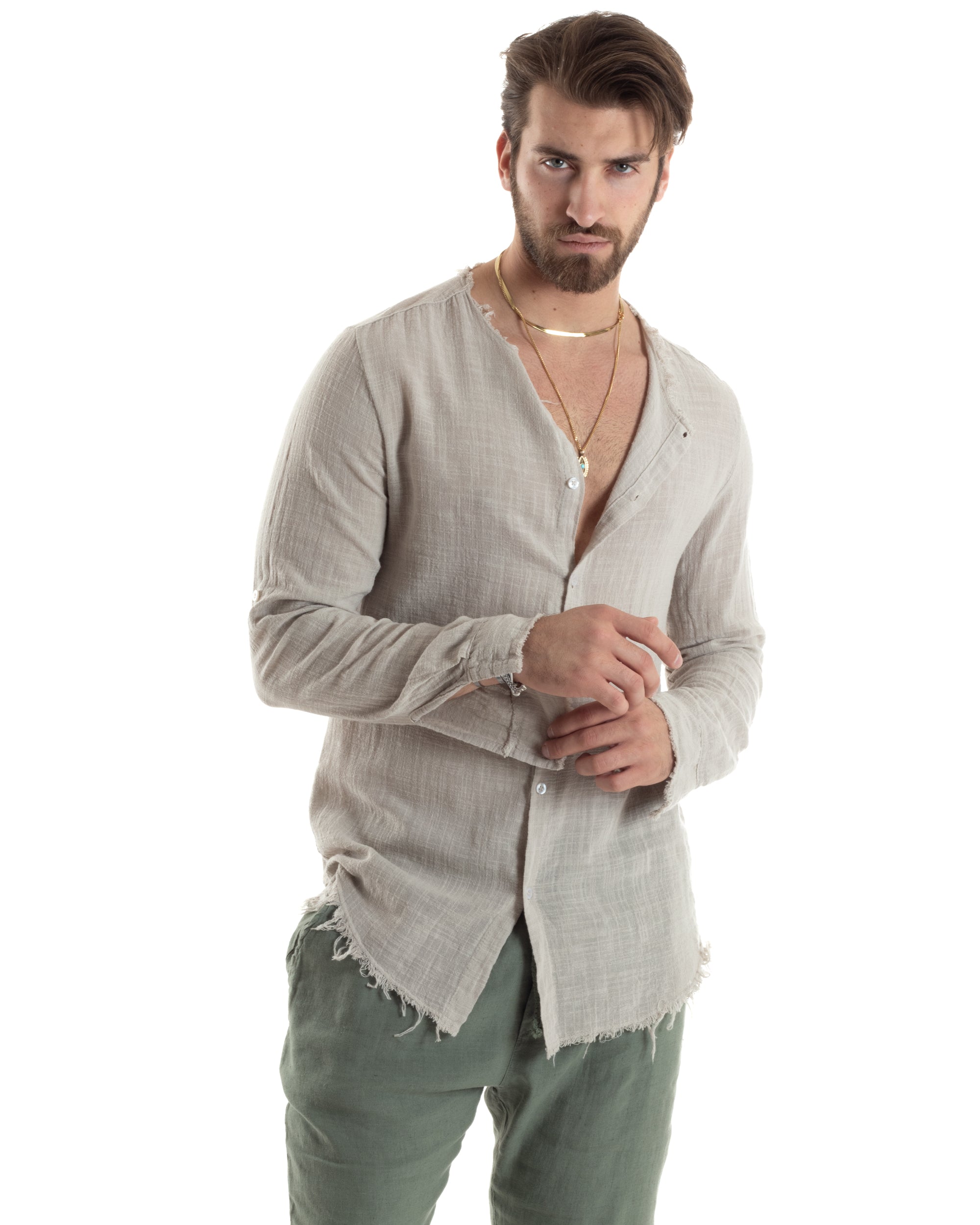 Camicia Uomo Sfrangiata Cotone Lino Morbida Leggera Slavata Tinta Unita Beige GIOSAL-C2844A