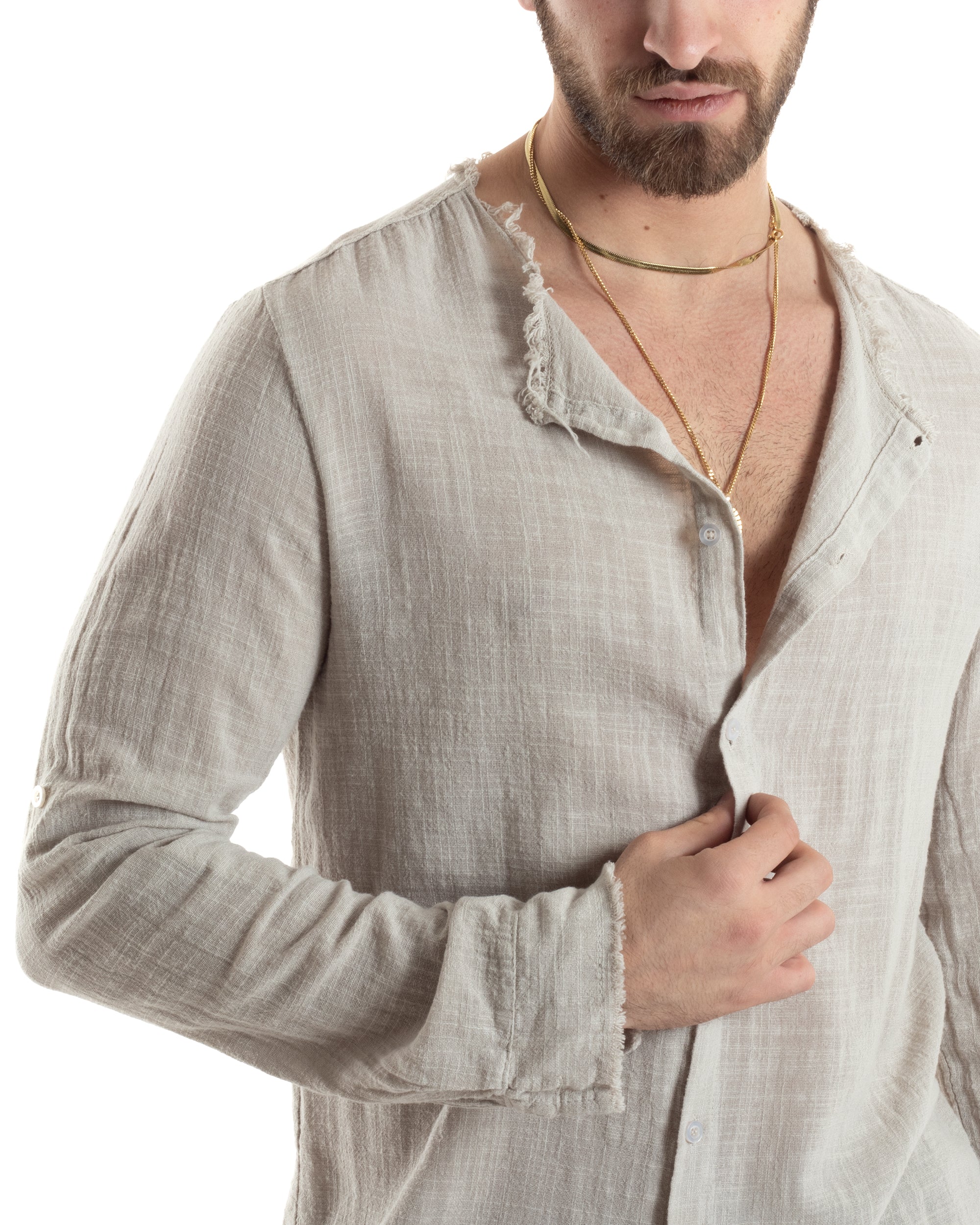 Camicia Uomo Sfrangiata Cotone Lino Morbida Leggera Slavata Tinta Unita Beige GIOSAL-C2844A