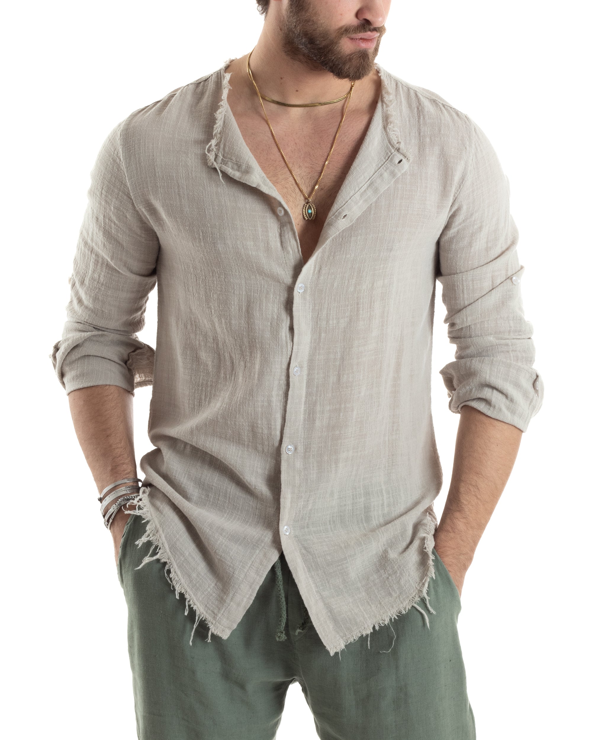 Camicia Uomo Sfrangiata Cotone Lino Morbida Leggera Slavata Tinta Unita Beige GIOSAL-C2844A