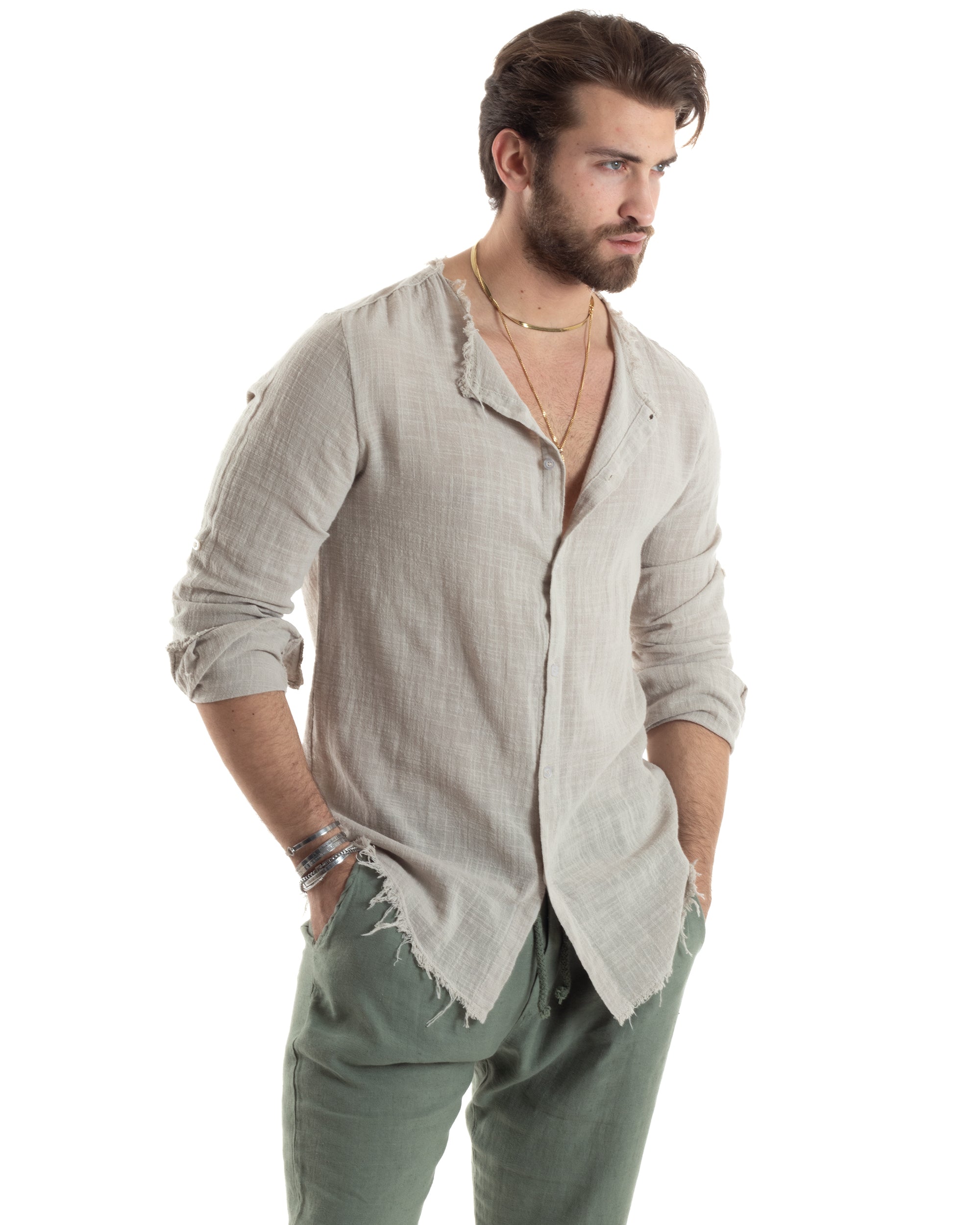 Camicia Uomo Sfrangiata Cotone Lino Morbida Leggera Slavata Tinta Unita Beige GIOSAL-C2844A