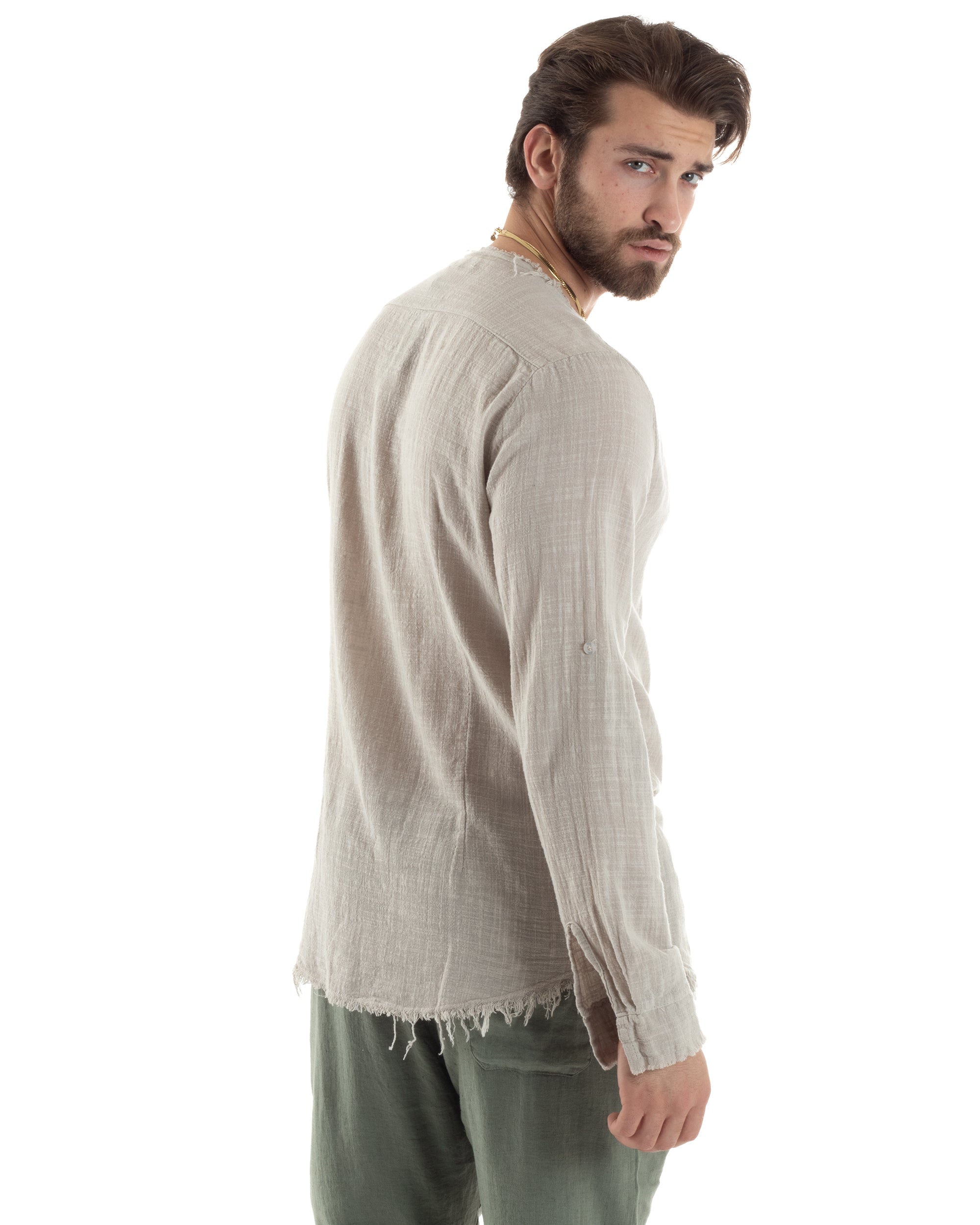 Camicia Uomo Sfrangiata Cotone Lino Morbida Leggera Slavata Tinta Unita Beige GIOSAL-C2844A