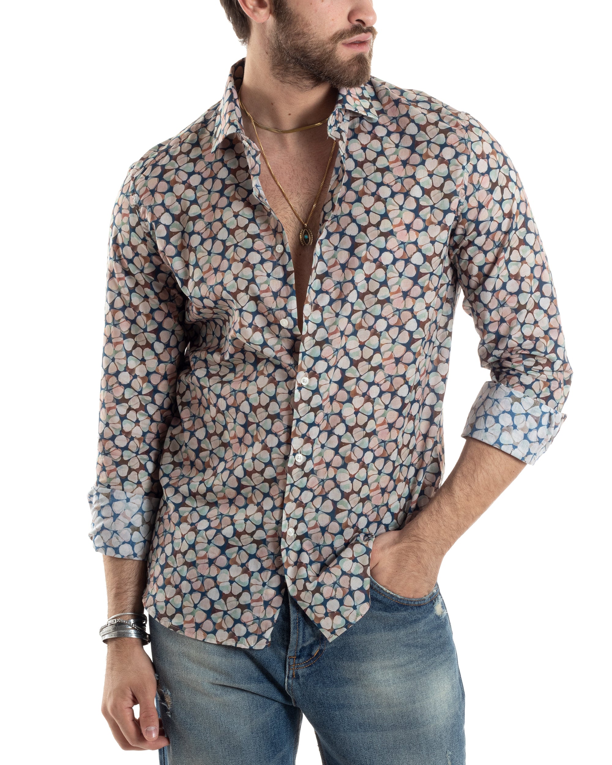 Camicia Uomo Maniche Lunghe Collo Francese Con Colletto Slim Fit Multicolore Fantasia Floreale GIOSAL-C2845A