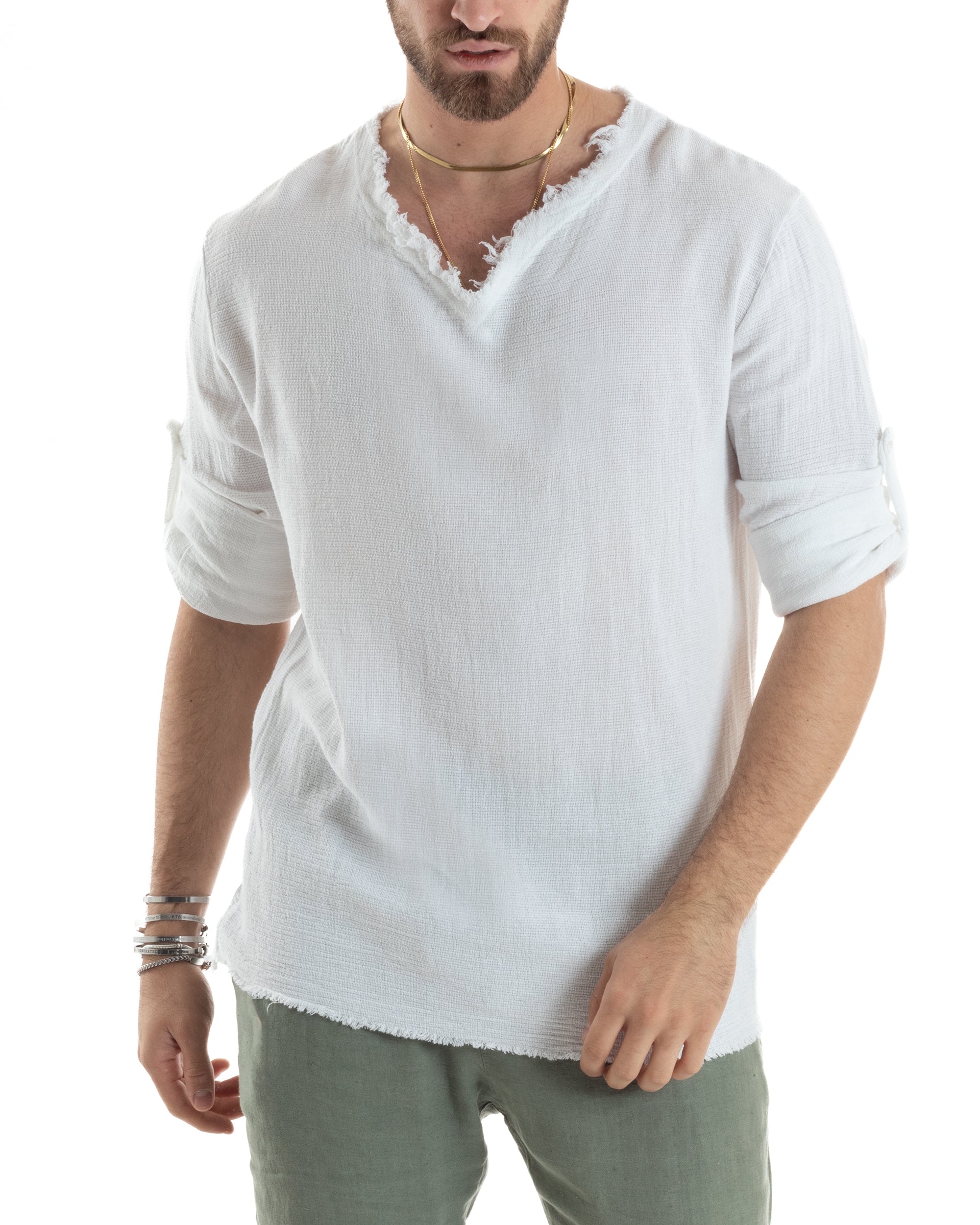 Camicia Uomo Maniche Lunghe Casacca Cotone Lino Scollo V Sfrangiata Regular Fit Bianco GIOSAL-C2846A