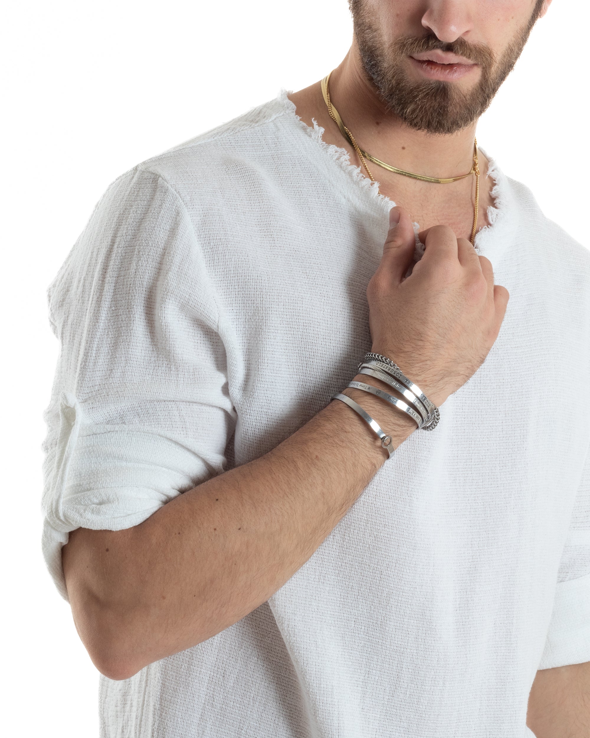 Camicia Uomo Maniche Lunghe Casacca Cotone Lino Scollo V Sfrangiata Regular Fit Bianco GIOSAL-C2846A