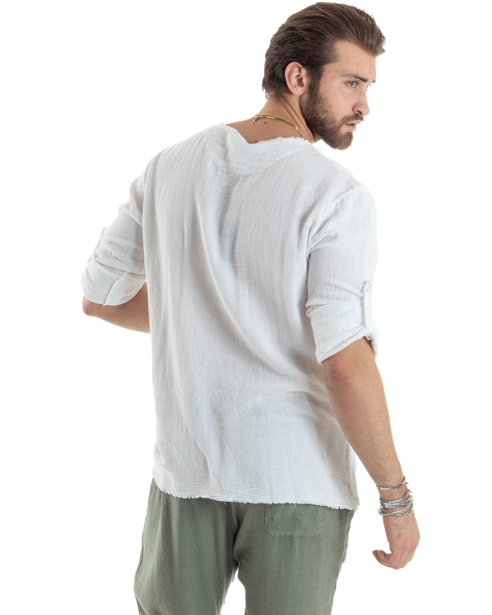 Camicia Uomo Manica Lunga Casacca Cotone Lino Scollo V Sfrangiata Regular Fit Bianco GIOSAL-C2846A