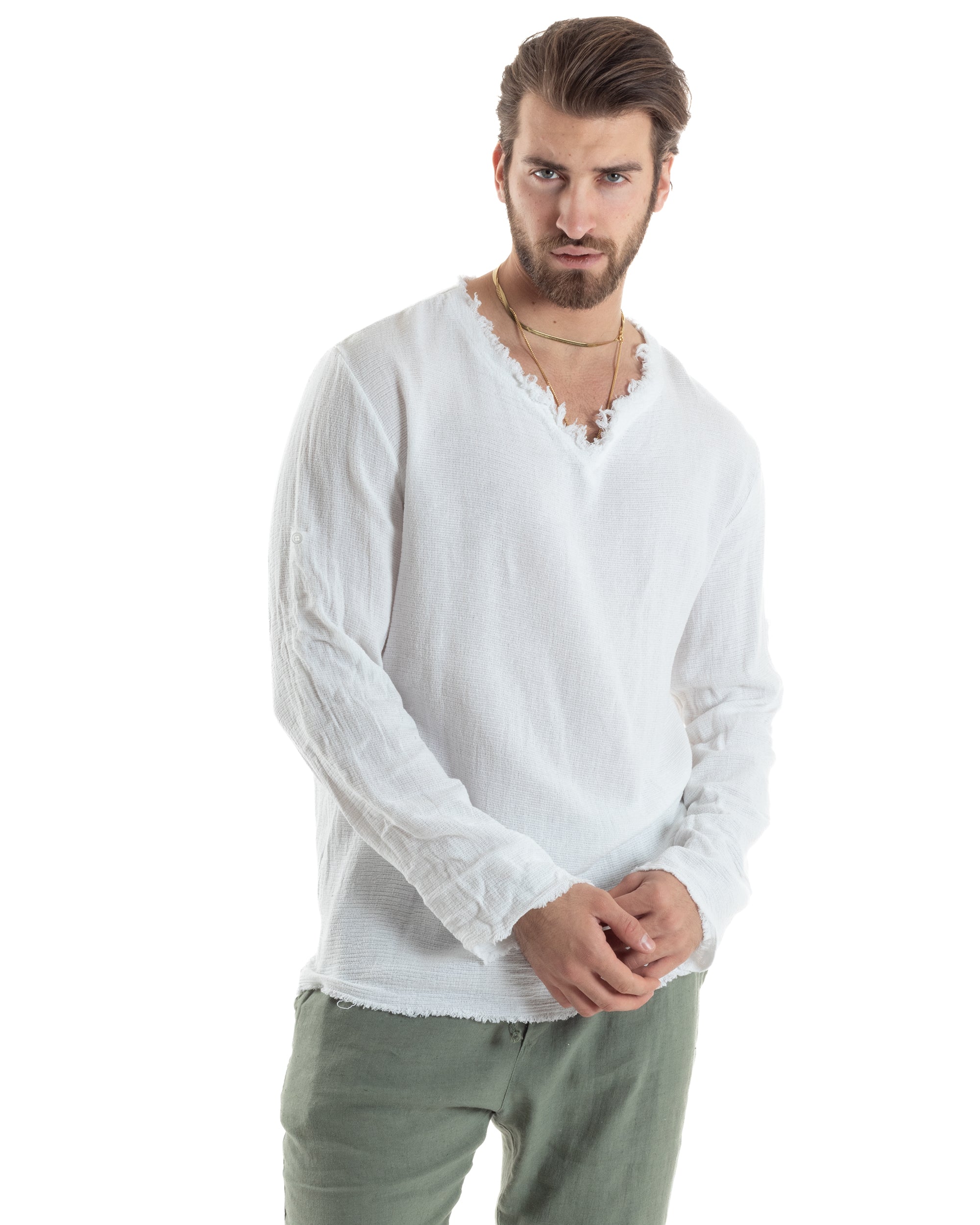 Camicia Uomo Manica Lunga Casacca Cotone Lino Scollo V Sfrangiata Regular Fit Bianco GIOSAL-C2846A