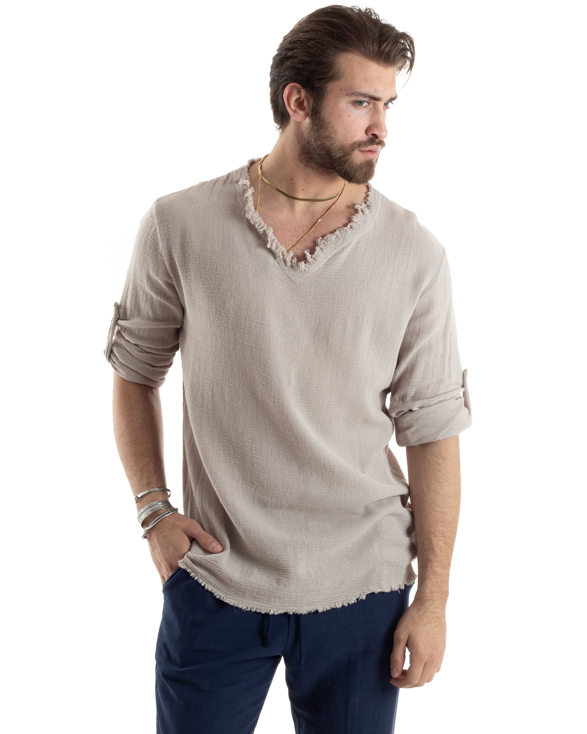 Camicia Uomo Maniche Lunghe Casacca Cotone Lino Scollo V Sfrangiata Regular Fit Beige GIOSAL-C2848A