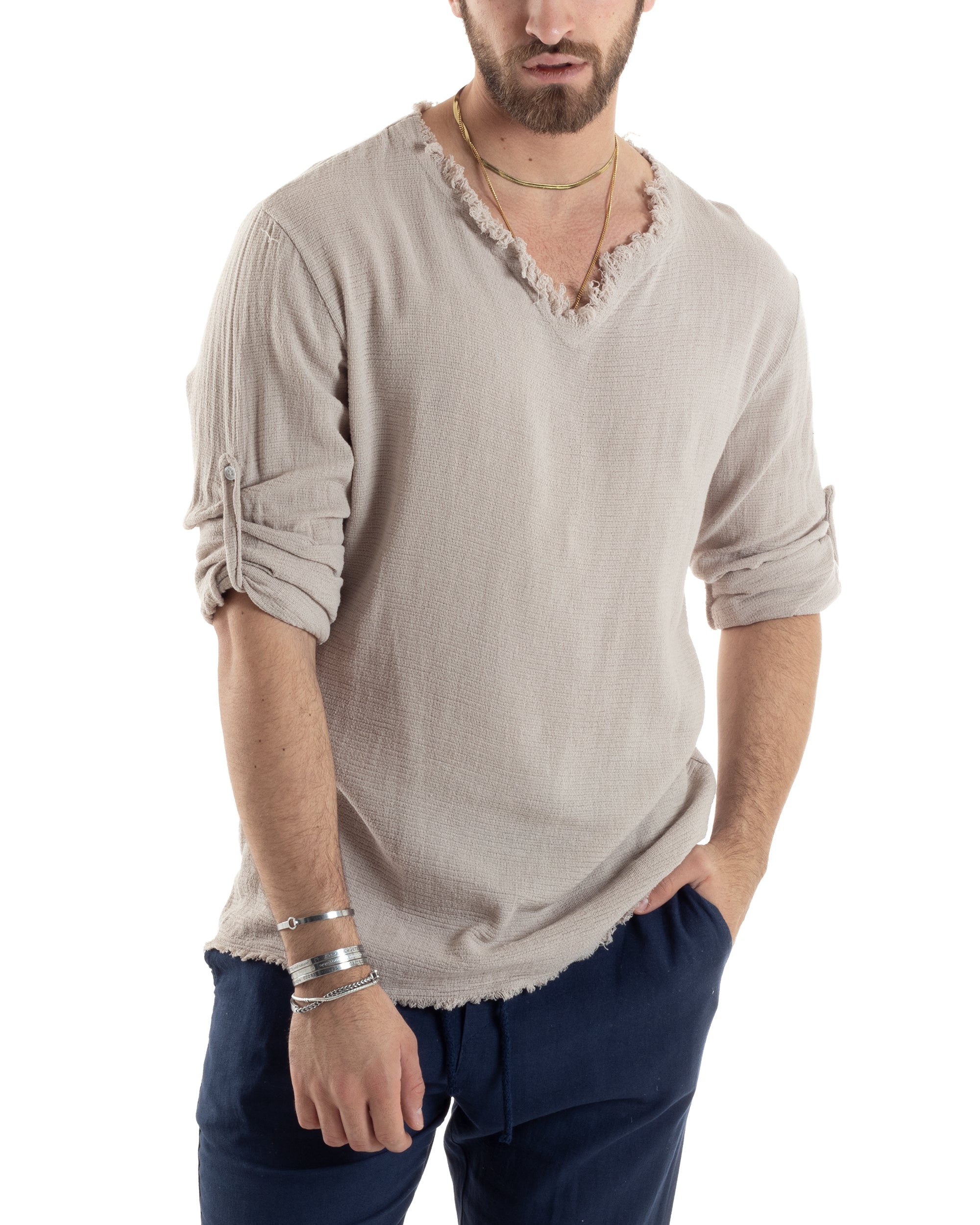 Camicia Uomo Maniche Lunghe Casacca Cotone Lino Scollo V Sfrangiata Regular Fit Beige GIOSAL-C2848A