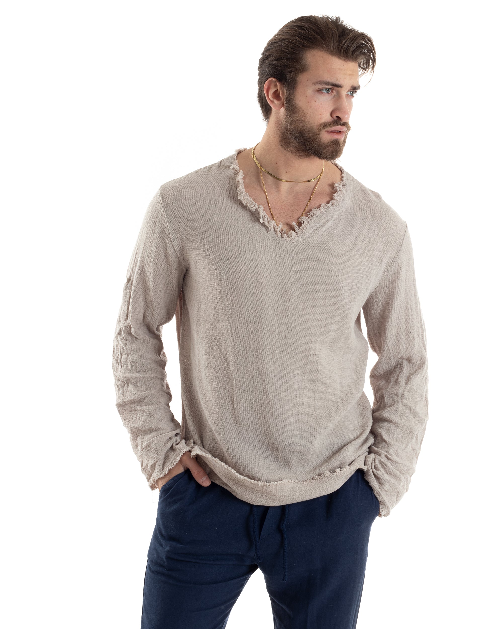 Camicia Uomo Maniche Lunghe Casacca Cotone Lino Scollo V Sfrangiata Regular Fit Beige GIOSAL-C2848A