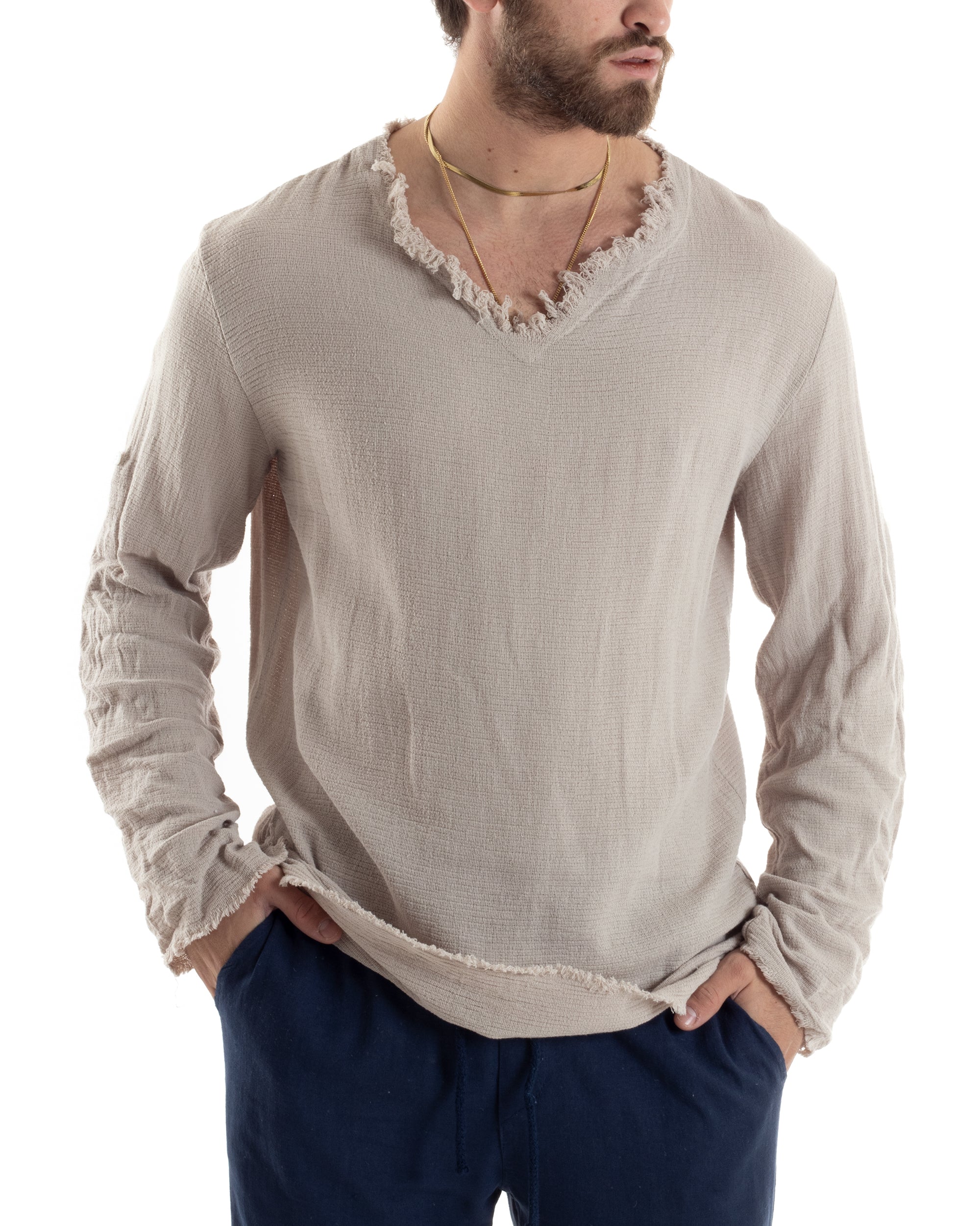Camicia Uomo Maniche Lunghe Casacca Cotone Lino Scollo V Sfrangiata Regular Fit Beige GIOSAL-C2848A