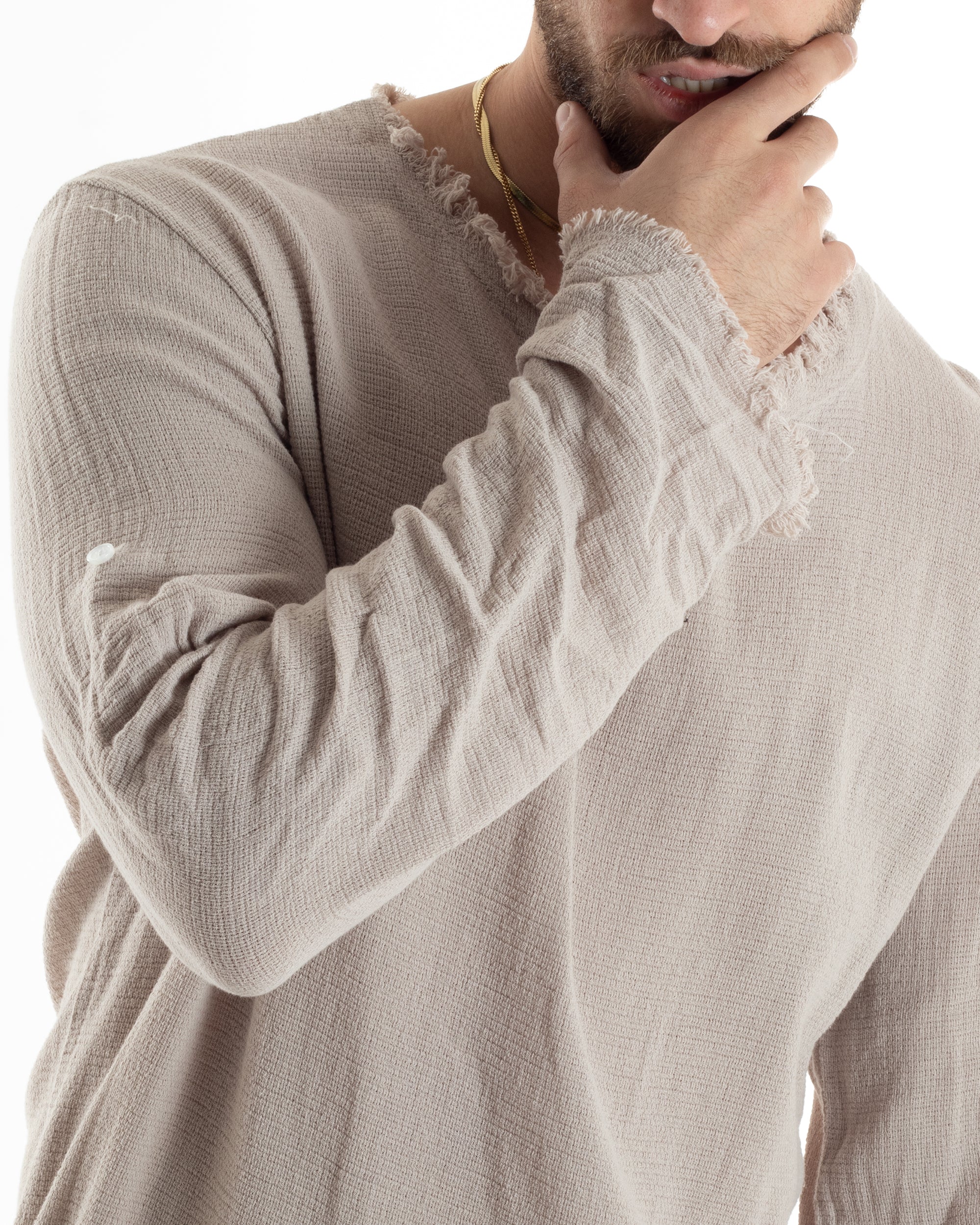 Camicia Uomo Maniche Lunghe Casacca Cotone Lino Scollo V Sfrangiata Regular Fit Beige GIOSAL-C2848A