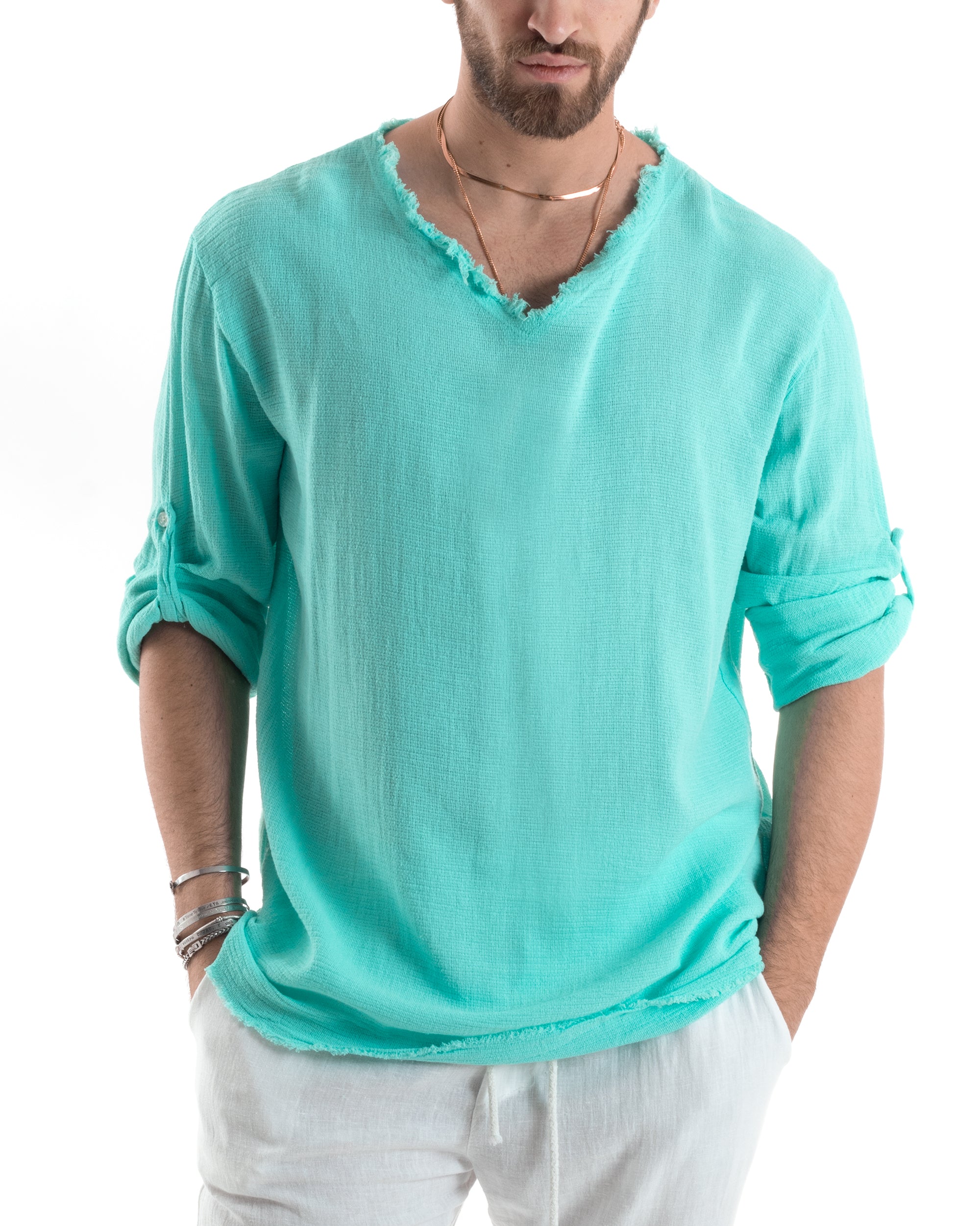 Camicia Uomo Maniche Lunghe Casacca Cotone Lino Scollo V Sfrangiata Regular Fit Verde Acqua GIOSAL-C2849A