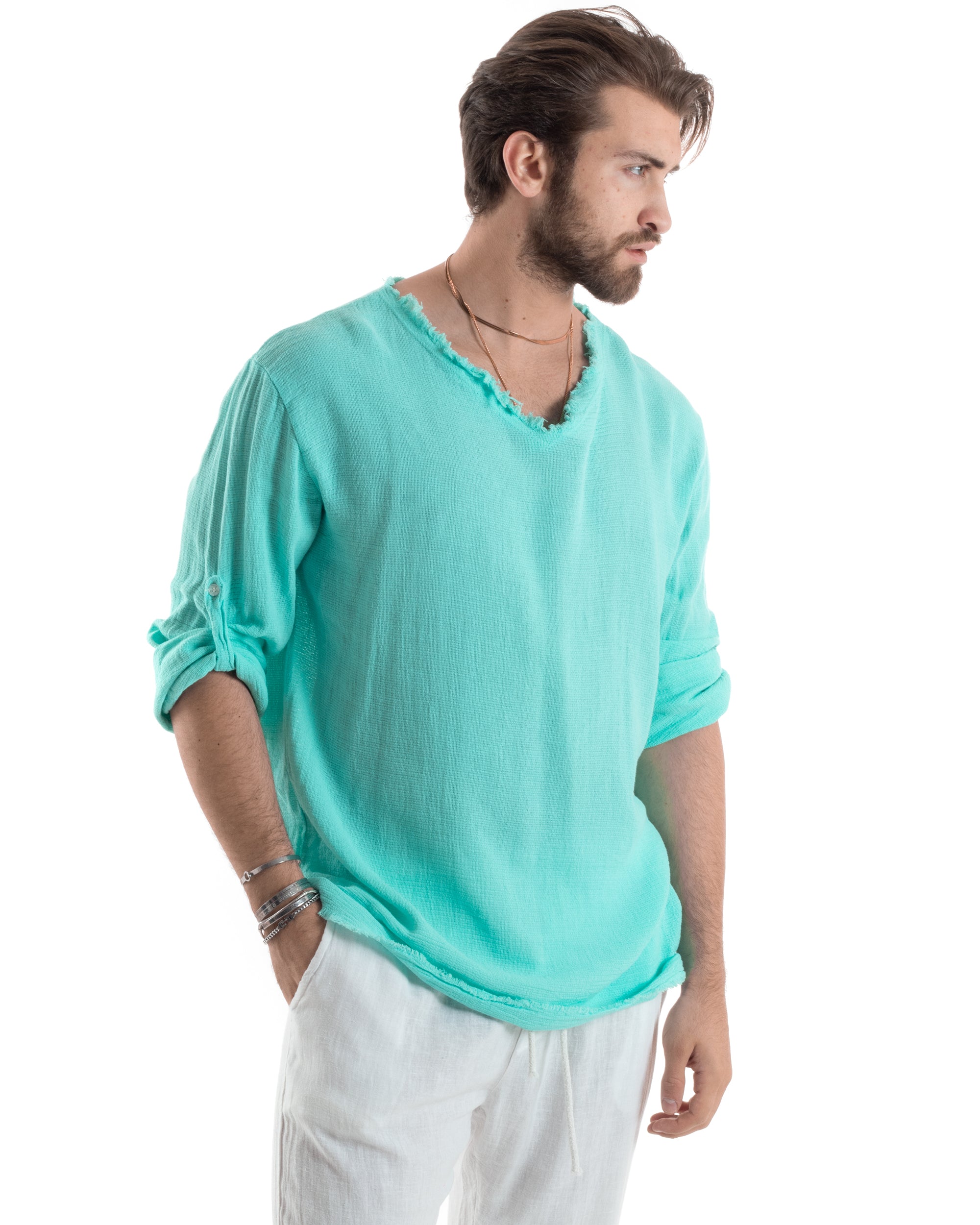 Camicia Uomo Maniche Lunghe Casacca Cotone Lino Scollo V Sfrangiata Regular Fit Verde Acqua GIOSAL-C2849A