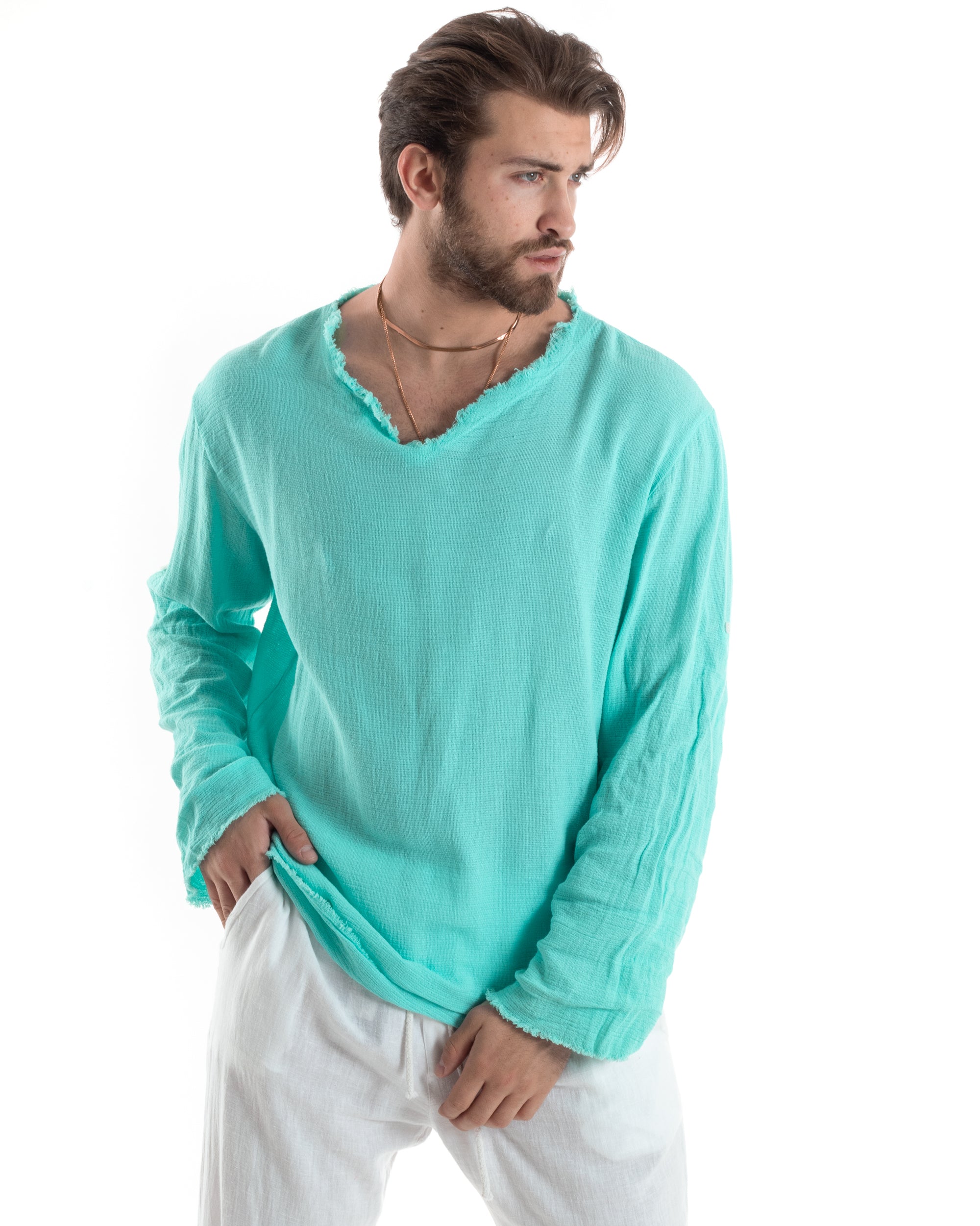 Camicia Uomo Maniche Lunghe Casacca Cotone Lino Scollo V Sfrangiata Regular Fit Verde Acqua GIOSAL-C2849A