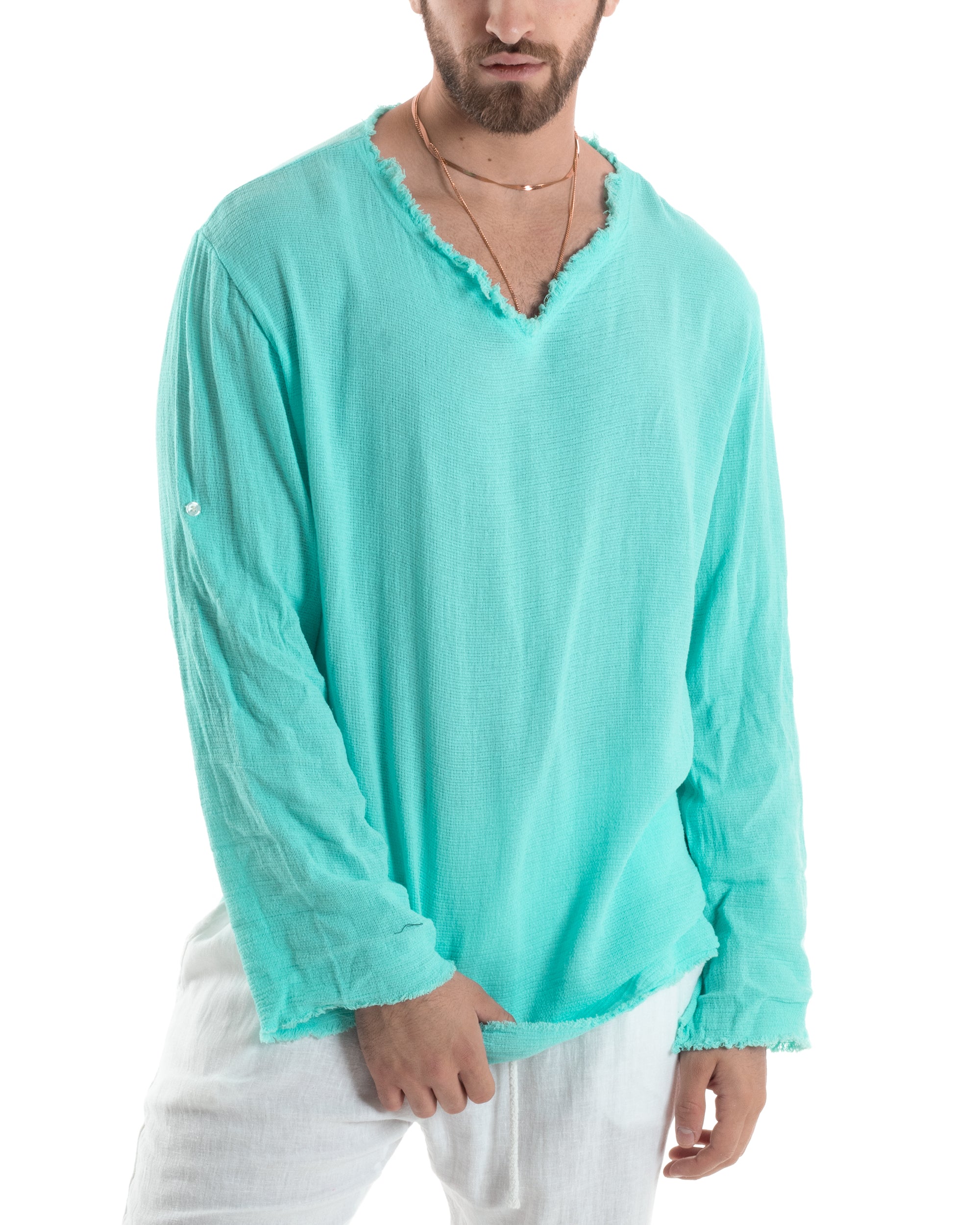 Camicia Uomo Maniche Lunghe Casacca Cotone Lino Scollo V Sfrangiata Regular Fit Verde Acqua GIOSAL-C2849A