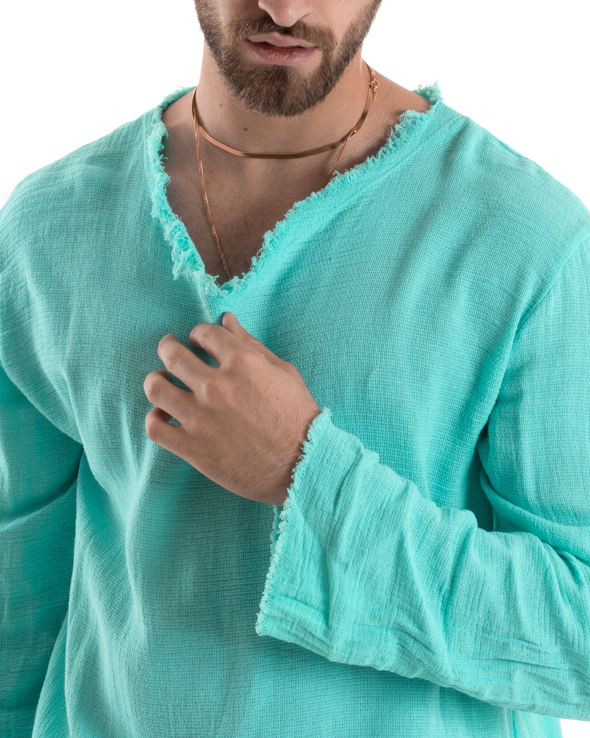 Camicia Uomo Maniche Lunghe Casacca Cotone Lino Scollo V Sfrangiata Regular Fit Verde Acqua GIOSAL-C2849A