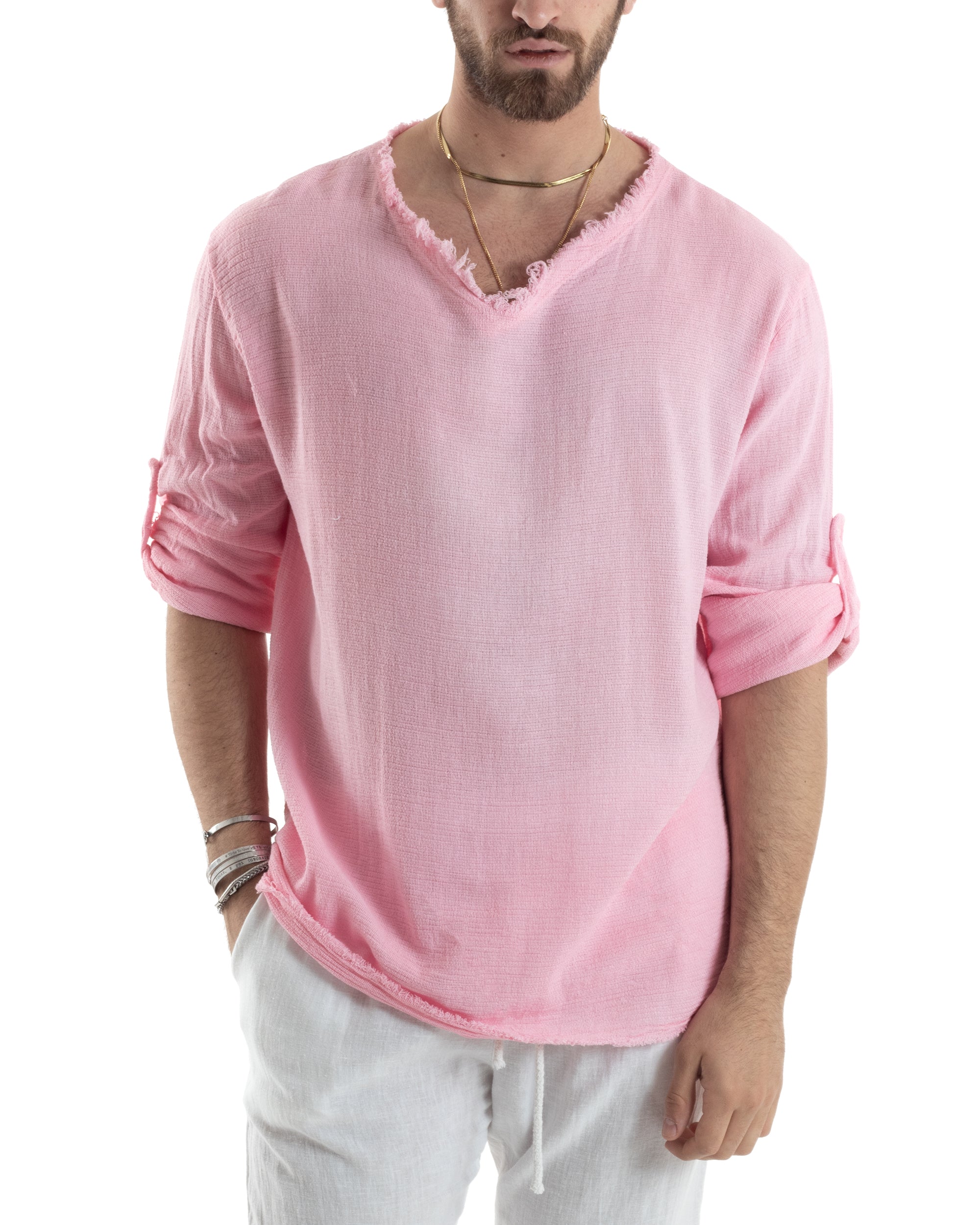 Camicia Uomo Manica Lunga Casacca Cotone Lino Scollo V Sfrangiata Regular Fit Rosa GIOSAL-C2850A