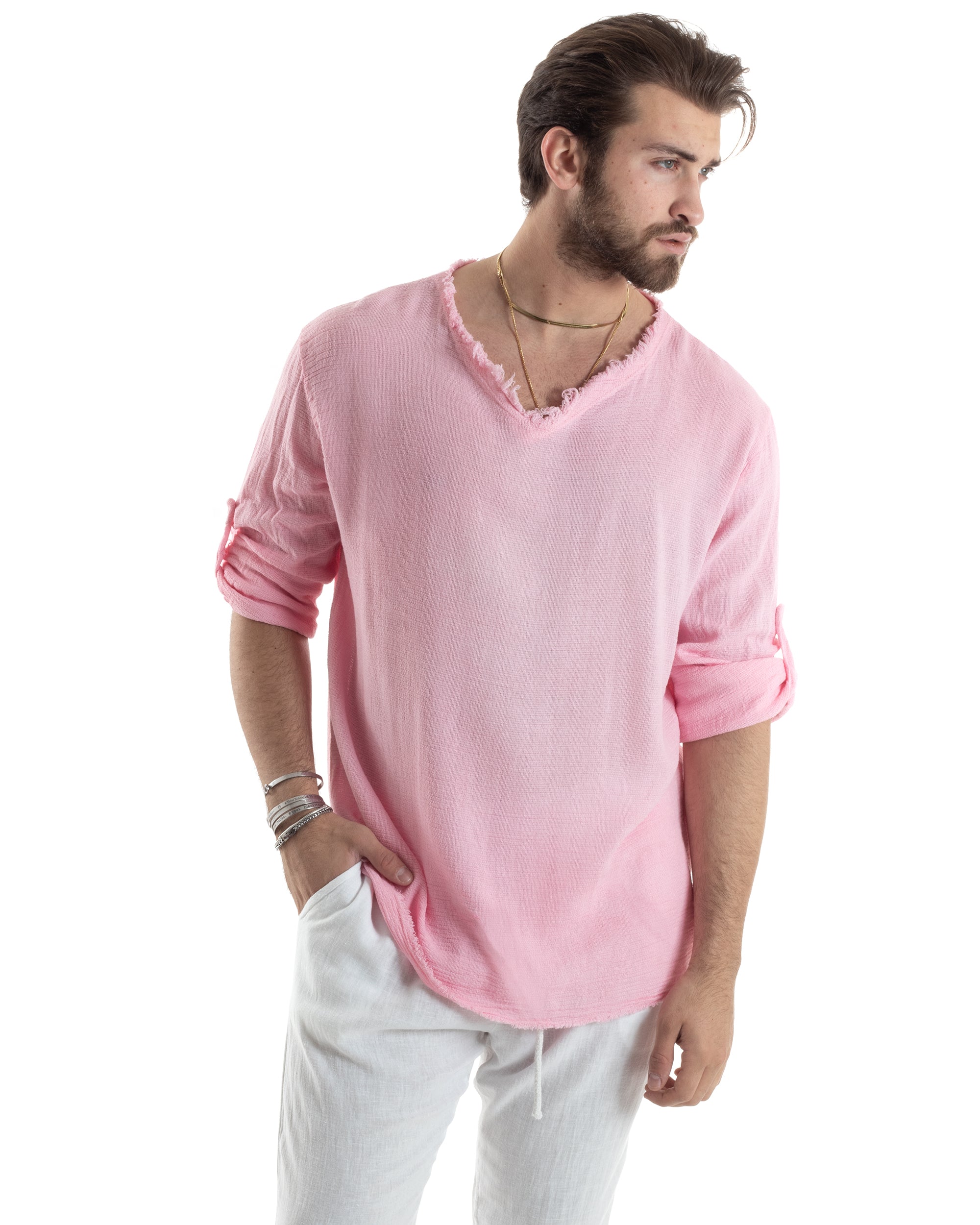 Camicia Uomo Maniche Lunghe Casacca Cotone Lino Scollo V Sfrangiata Regular Fit Rosa Chiaro GIOSAL-C2850A